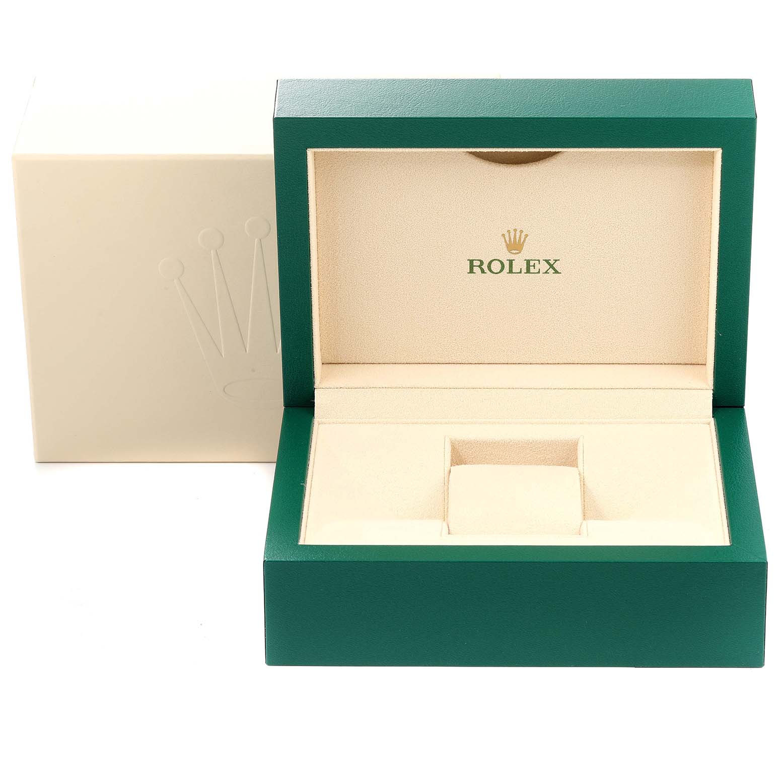 This image shows an open Rolex Explorer 216570 Men's Stainless Steel White Dial 216570 Men's Stainless Steel White Dial model watch box, revealing its beige interior and logo.