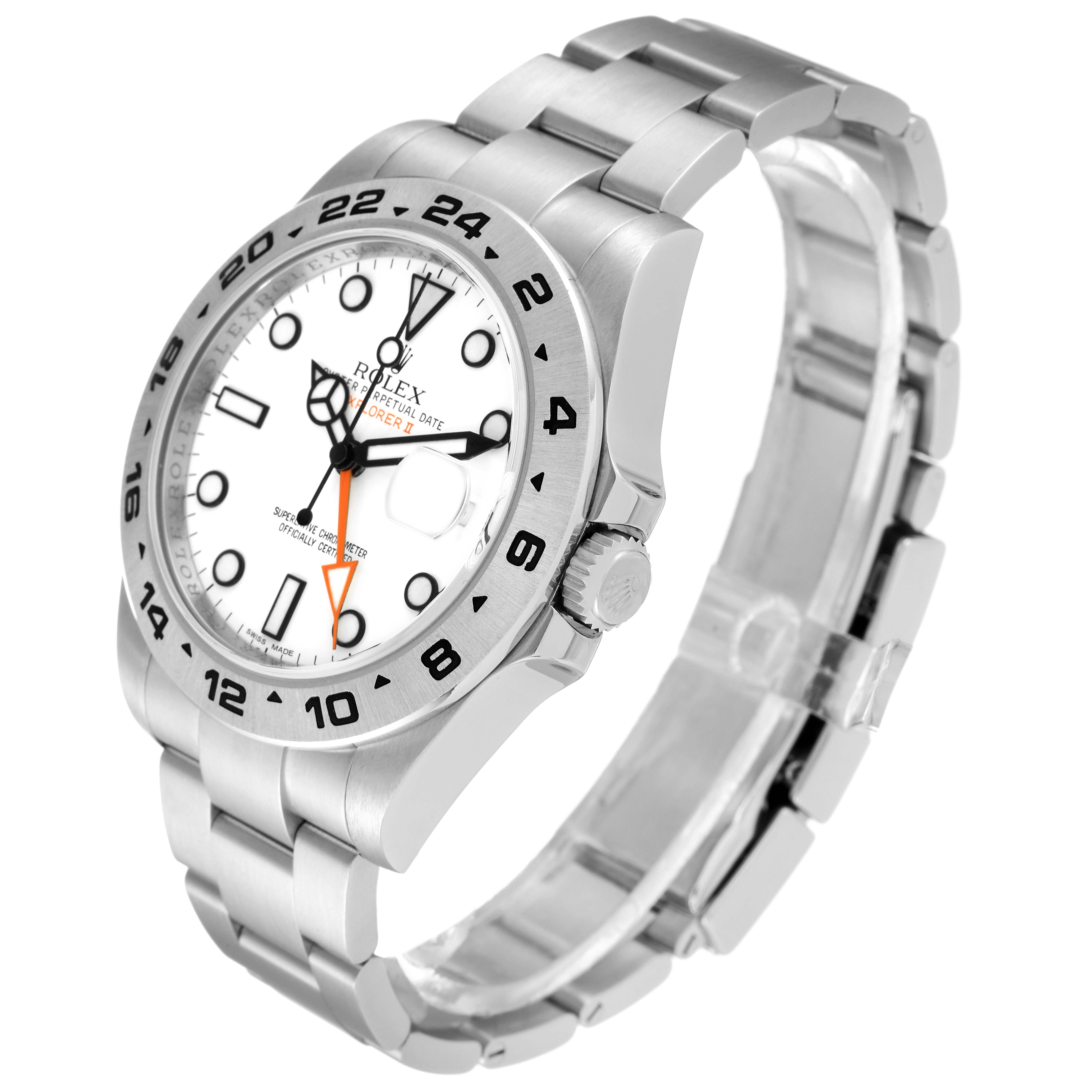 The Rolex Explorer 216570 Men's Stainless Steel White Dial 216570 Men's Stainless Steel White Dial watch is shown at a three-quarter angle, highlighting its face, bezel, crown, and bracelet.