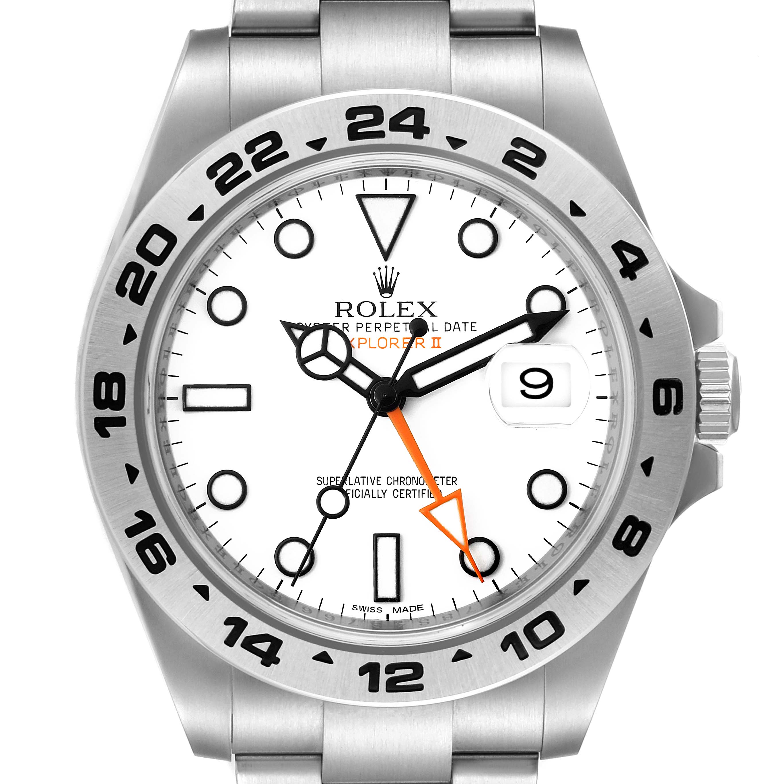 This image shows a front view of a Rolex Explorer 216570 Men's Stainless Steel White Dial 216570 Men's Stainless Steel White Dial II, highlighting the dial, hands, date window, and bezel.