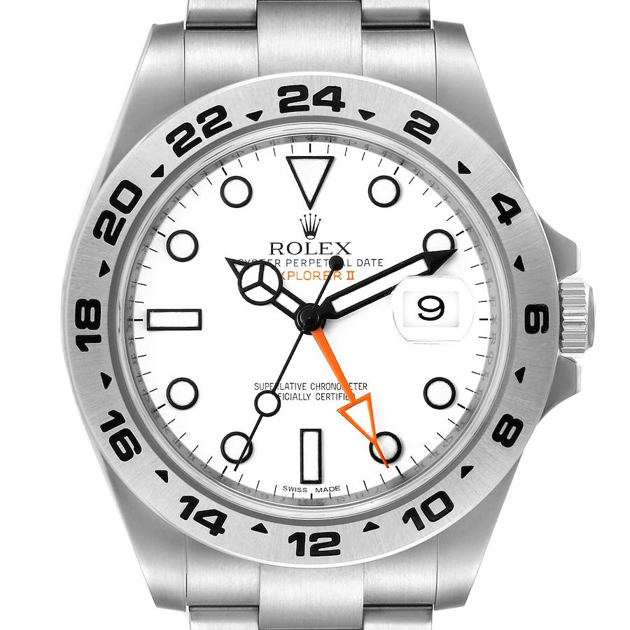 This image shows a front view of a Rolex Explorer 216570 Men's Stainless Steel White Dial 216570 Men's Stainless Steel White Dial II, highlighting the dial, hands, date window, and bezel.