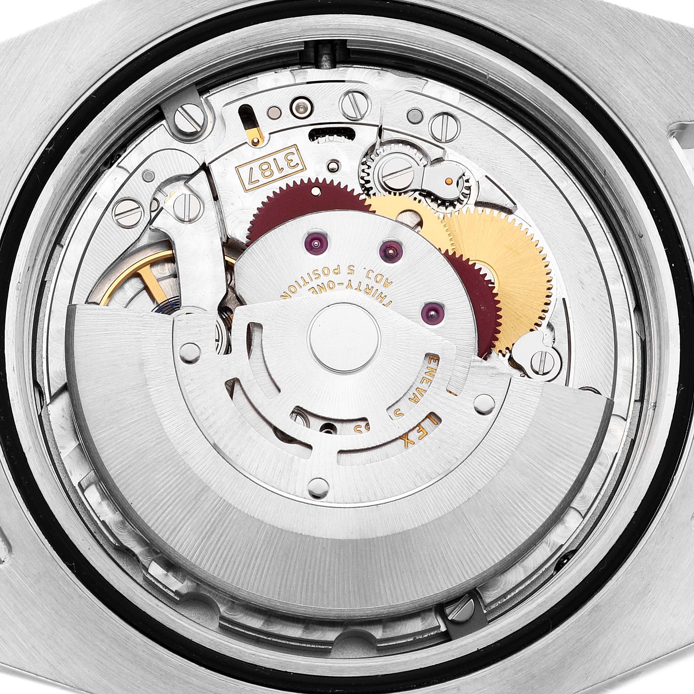 The image shows the internal movement mechanism of a Rolex Explorer 216570 Men's Stainless Steel White Dial 216570 Men's Stainless Steel White Dial watch from a top-down angle.