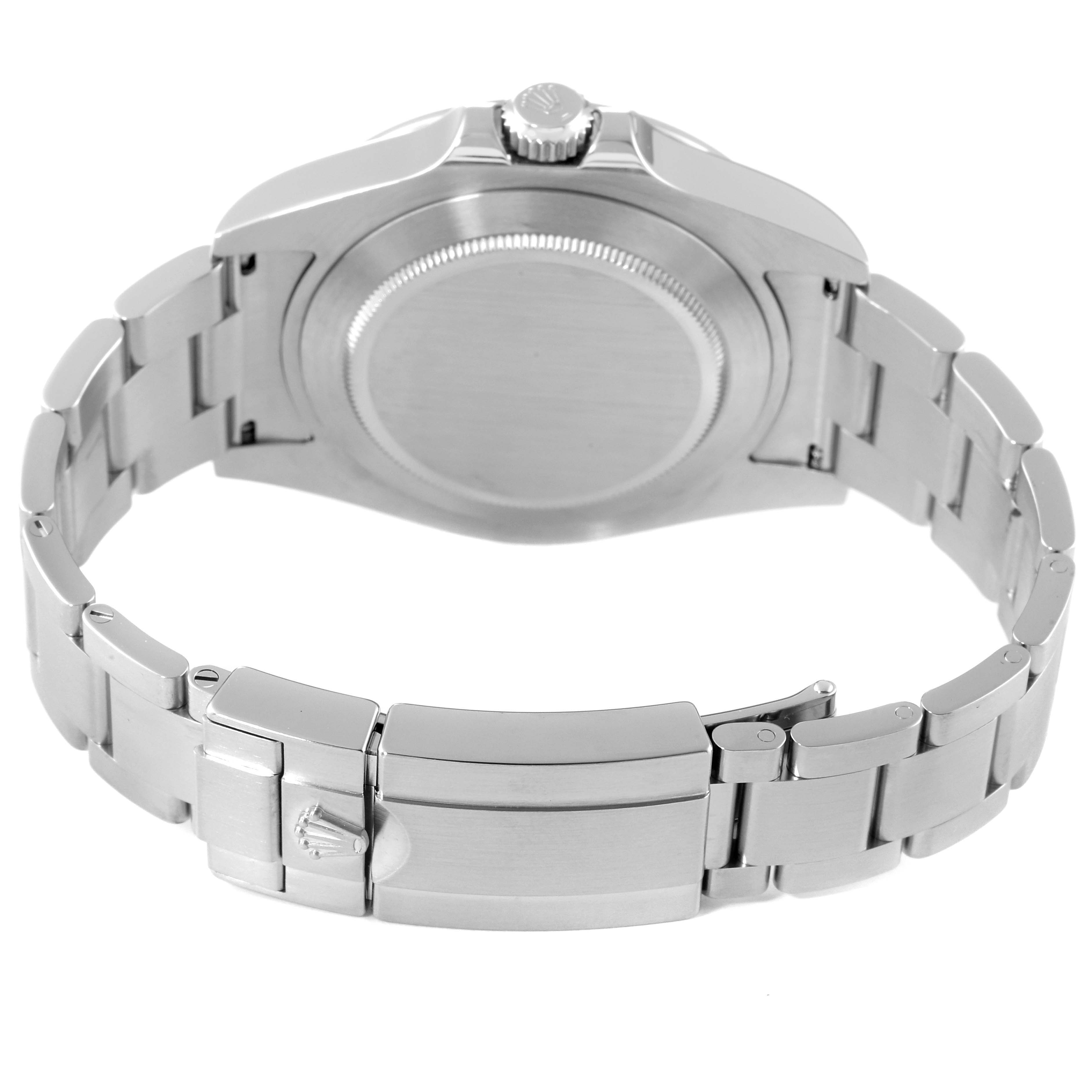 The image shows the back view of the Rolex Explorer 216570 Men's Stainless Steel White Dial 216570 Men's Stainless Steel White Dial watch, highlighting the case back, crown, and metal bracelet with a clasp.