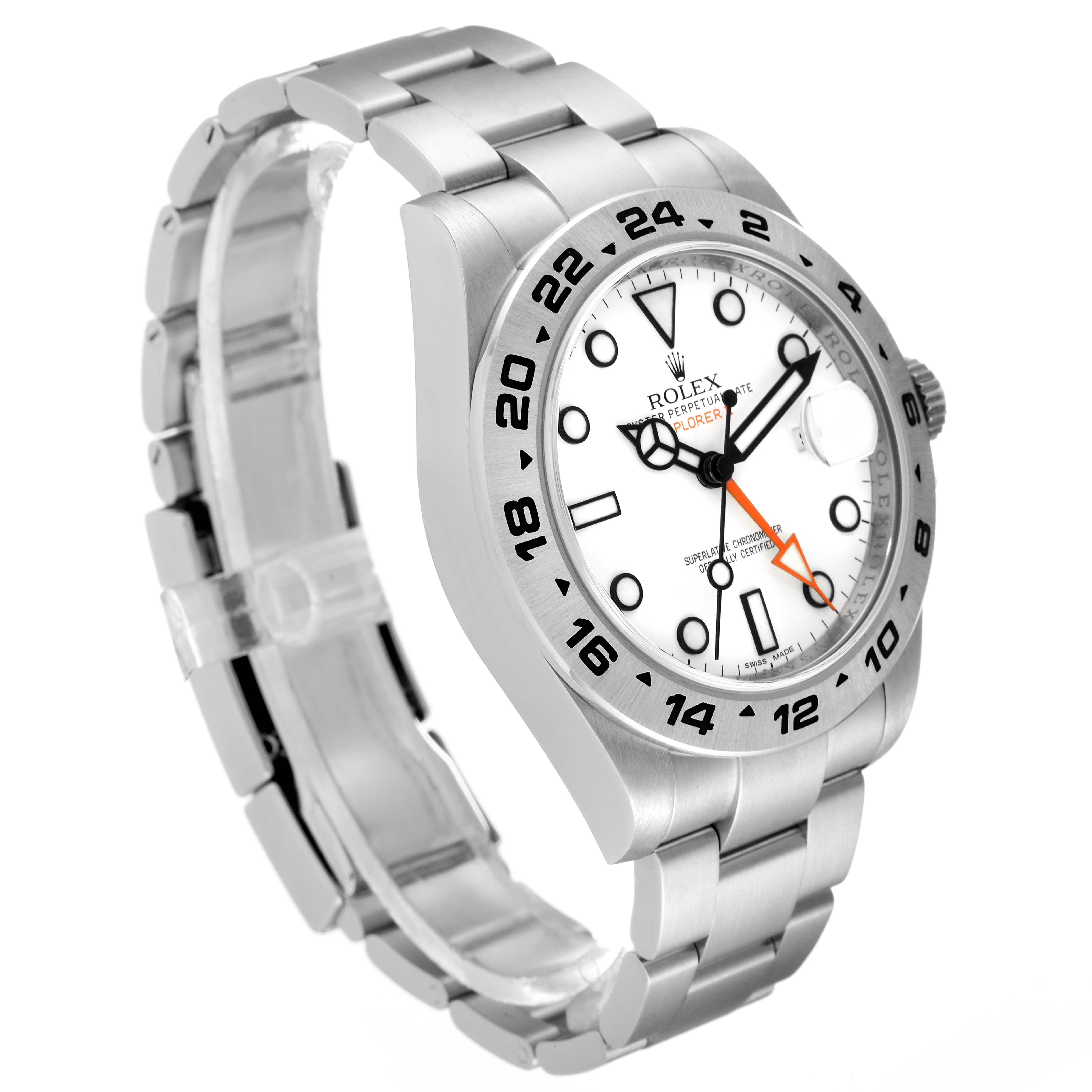 The image shows a side angle of the Rolex Explorer 216570 Men's Stainless Steel White Dial 216570 Men's Stainless Steel White Dial watch, highlighting the stainless steel bracelet, bezel, and white dial.