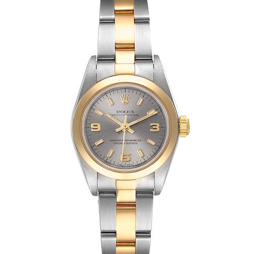 The Rolex Oyster Perpetual 76183 Women's Steel and Gold (two tone) Grey Dial 76183 Women's Steel and Gold (two tone) Grey Dial watch is shown from a top view, displaying its dial, bezel, and bracelet.