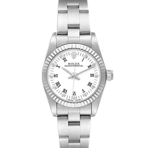 This image shows a frontal view of the Rolex Oyster Perpetual 76094 Women's Stainless Steel White Dial 76094 Women's Stainless Steel White Dial watch, featuring its face, bezel, and stainless steel bracelet.