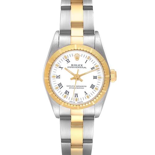 The Rolex Oyster Perpetual model number 76243 men's watch is shown from a top-down angle, highlighting its two-tone bracelet, gold bezel, and white dial with Roman numerals.