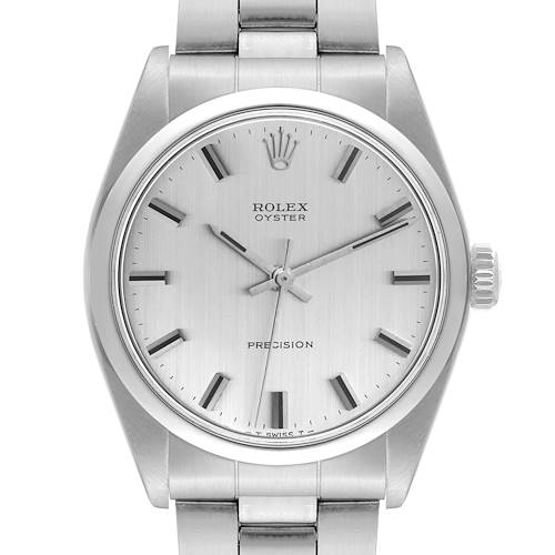 The image shows a front view of the Vintage Collection Rolex Oyster Precision watch including the dial, bezel, and a portion of the bracelet.