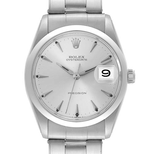 This image shows a front-facing view of the Rolex Vintage Collection 6694 Men's Stainless Steel Silver Dial 6694 Men's Stainless Steel Silver Dial Oysterdate watch with a metal bracelet and date display.
