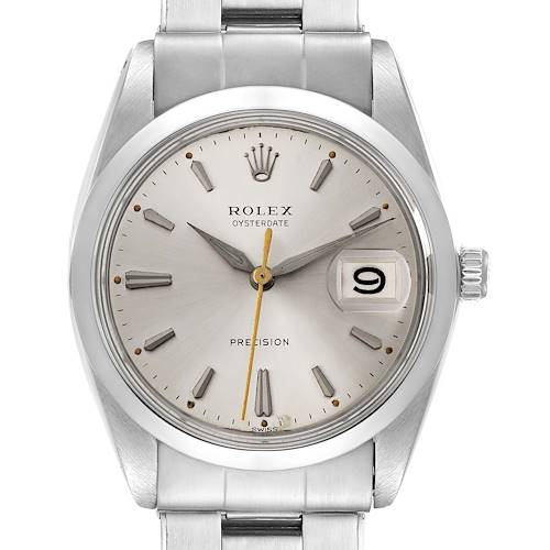 The image shows a frontal view of a Rolex Vintage Collection 6694 Men's Stainless Steel Silver Dial 6694 Men's Stainless Steel Silver Dial Oysterdate watch with its dial, bezel, and bracelet clearly visible.