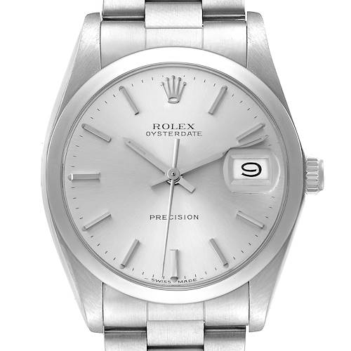 The image shows a front view of the Rolex Vintage Collection 6694 Men's Stainless Steel Silver Dial 6694 Men's Stainless Steel Silver Dial Oysterdate Precision watch, highlighting its dial, hands, date window, and bracelet.