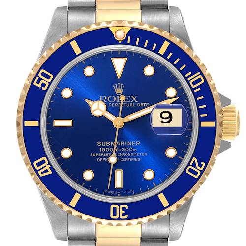 This image shows a Rolex Submariner 16613 Men's Steel and Gold (two tone) Blue Dial 16613 Men's Steel and Gold (two tone) Blue Dial watch from the front, highlighting its blue dial, gold-accented bezel, and date window at the 3 o'clock position.