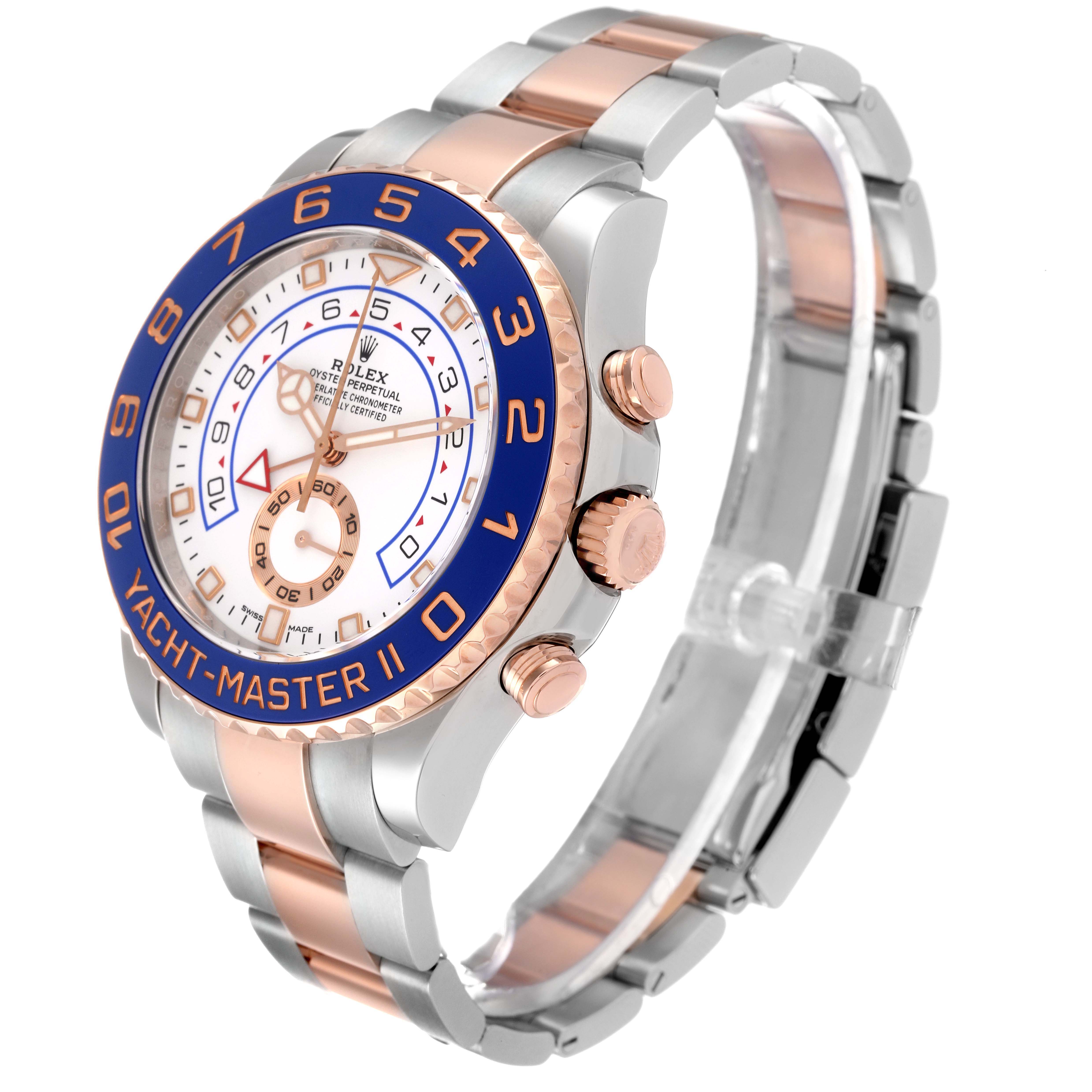 The Rolex Yacht-Master 116681 Men's Steel and Gold (two tone) White Dial 116681 Men's Steel and Gold (two tone) White Dial watch is shown at a three-quarter view, highlighting its bezel, dial, crown, and bracelet.