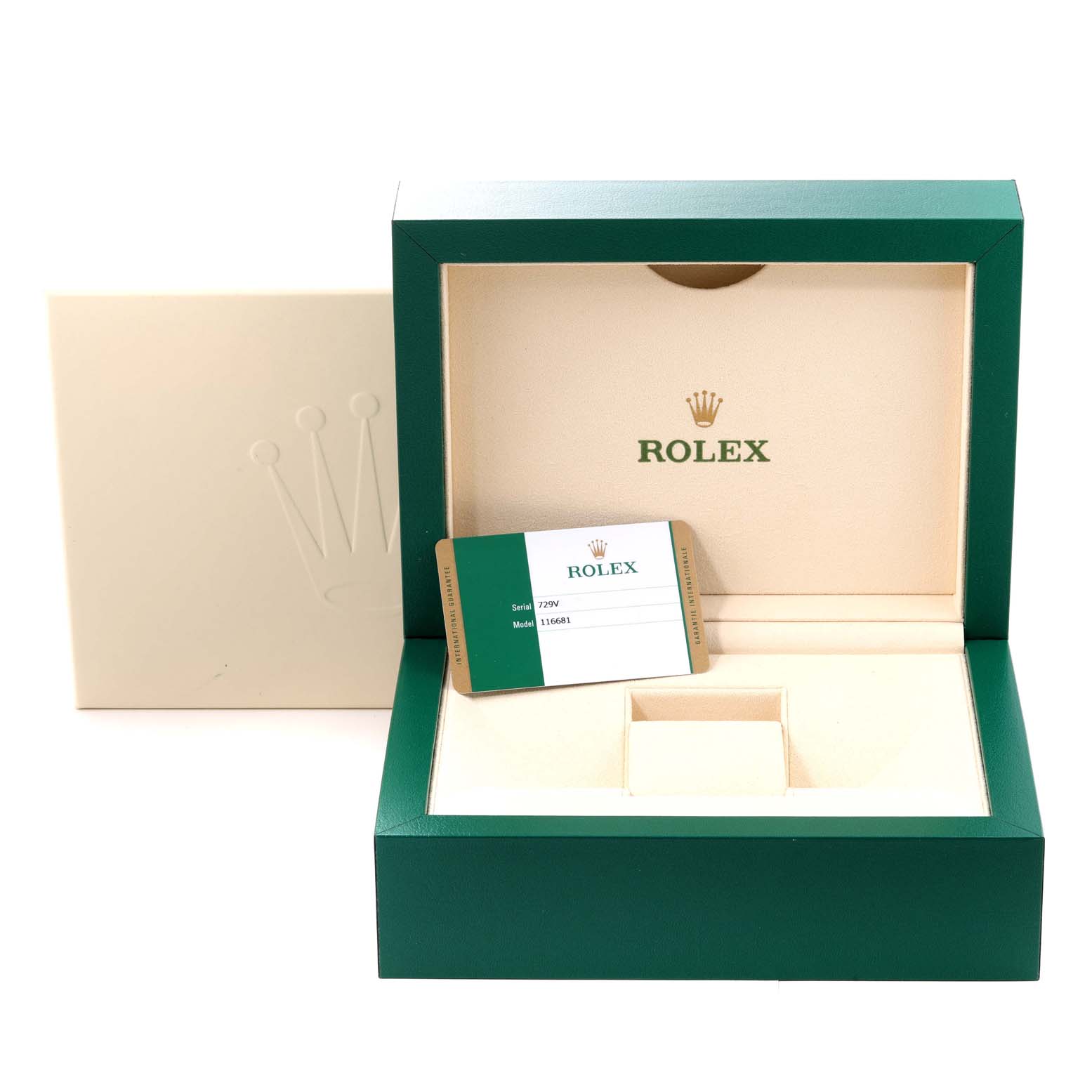 The image shows a green and beige Rolex Yacht-Master 116681 Men's Steel and Gold (two tone) White Dial 116681 Men's Steel and Gold (two tone) White Dial watch box with an authenticity card placed inside.