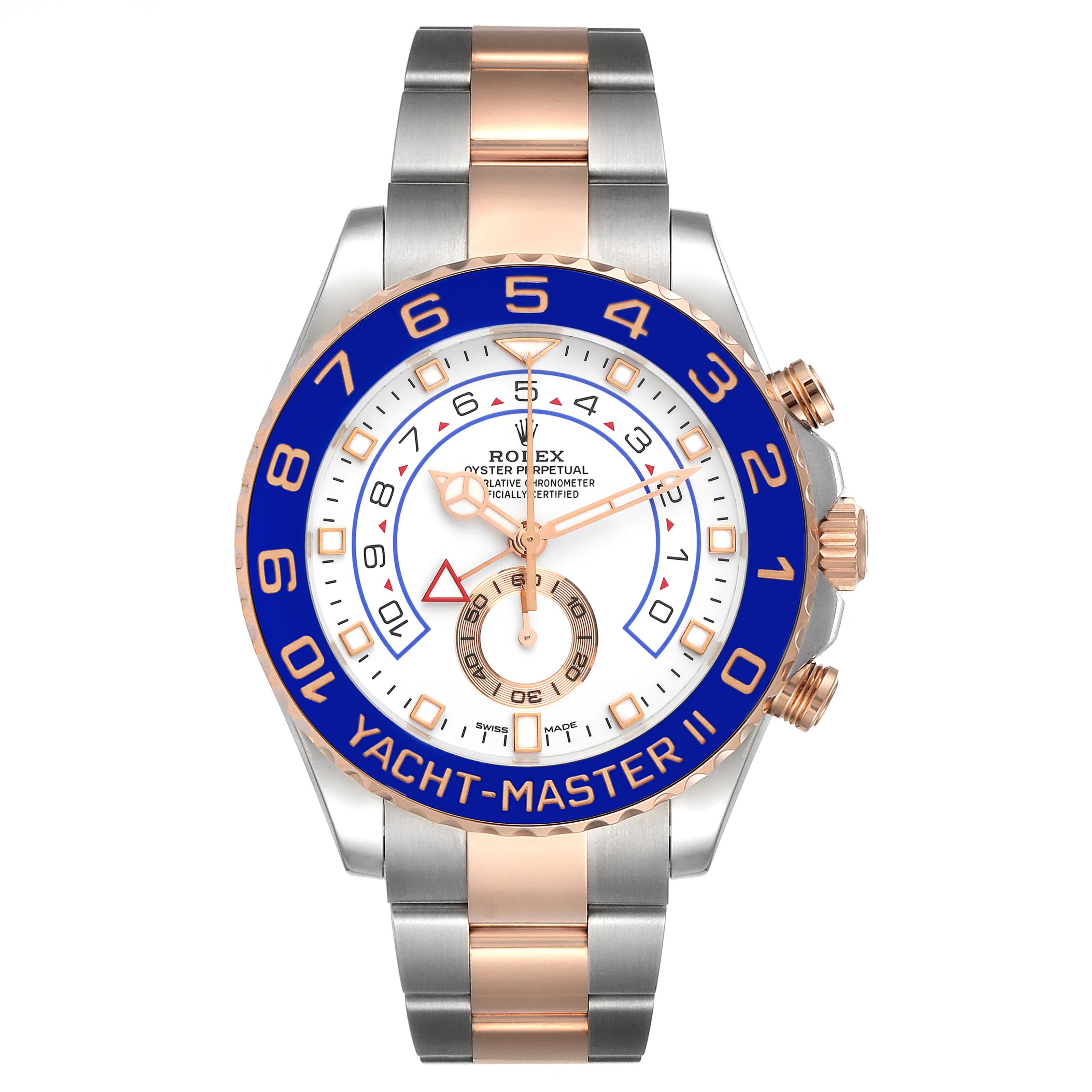 The Rolex Yacht-Master 116681 Men's Steel and Gold (two tone) White Dial 116681 Men's Steel and Gold (two tone) White Dial watch is shown from a front angle, displaying its dial, bezel, and bracelet.