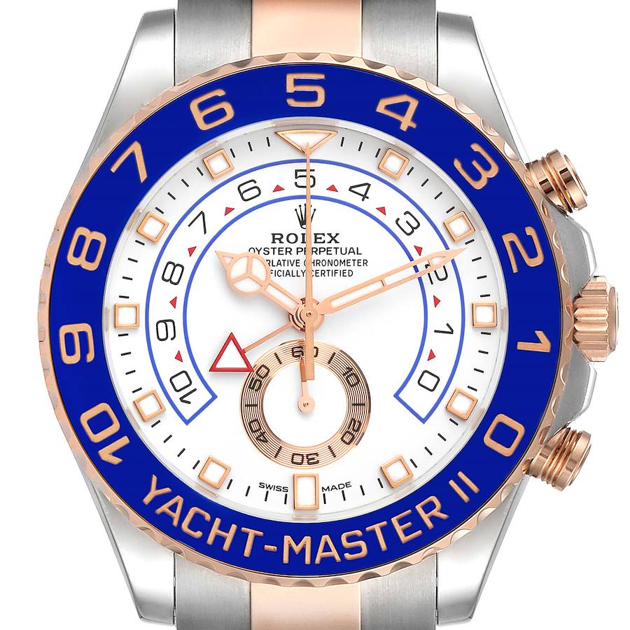 The Rolex Yacht-Master 116681 Men's Steel and Gold (two tone) White Dial 116681 Men's Steel and Gold (two tone) White Dial II watch is shown from a top-down angle, highlighting the dial, bezel, and crown.