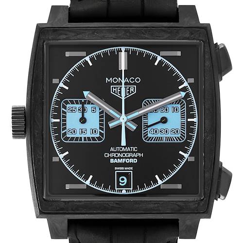 The image shows a front view of the Tag Heuer Monaco CAW2190.FC6437 Men's Ceramic Black Dial CAW2190.FC6437 Men's Ceramic Black Dial Bamford Limited Edition watch, highlighting the dial and sub-dials.