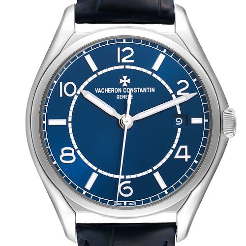The image shows a front view of the Vacheron Constantin Fiftysix 4600E/000A-B487 Men's Stainless Steel Blue Dial 4600E/000A-B487 Men's Stainless Steel Blue Dial model watch with a blue dial and date display.