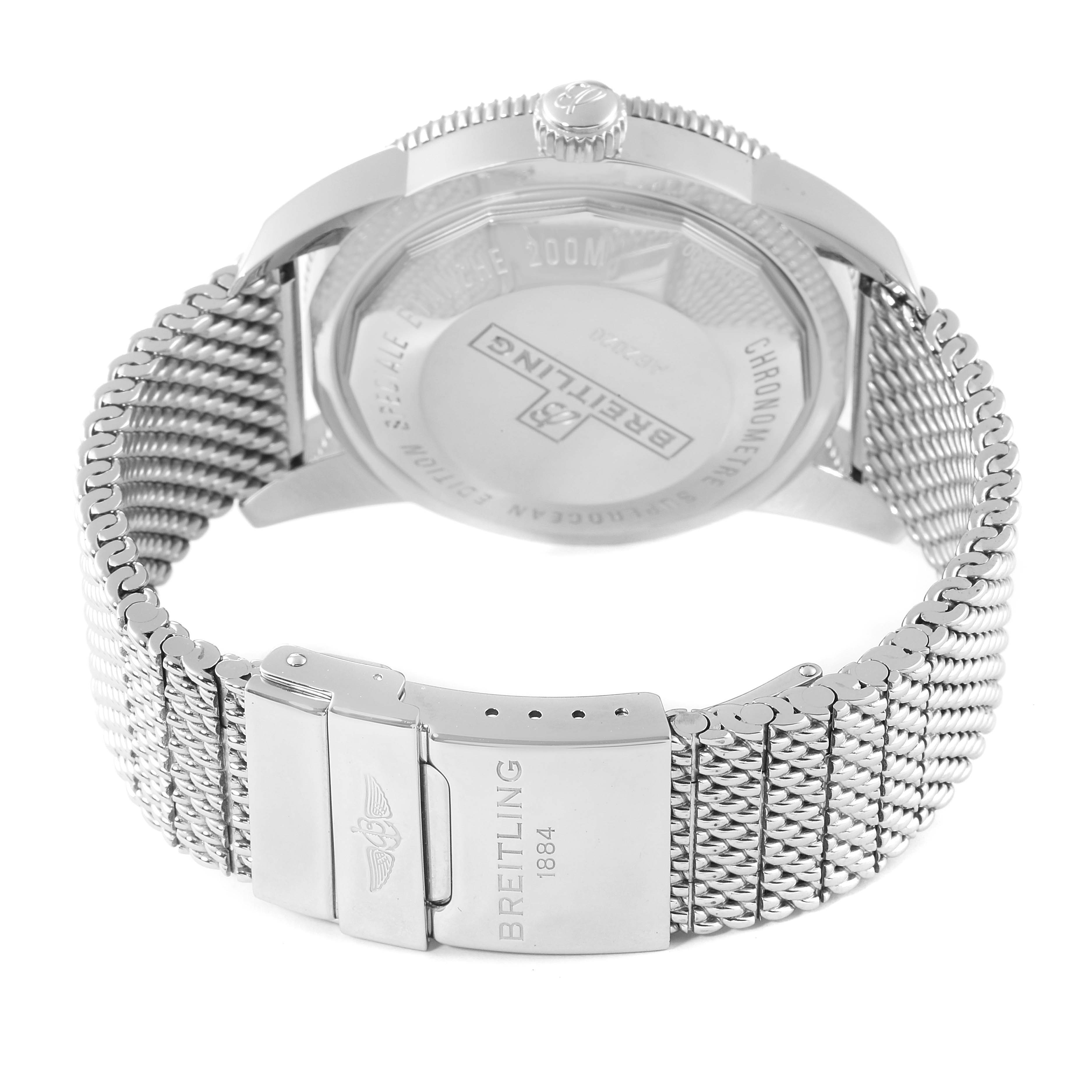 The image shows the back case and stainless steel mesh strap of the Breitling Superocean AB202016-C961-152A Men's Stainless Steel Black Dial AB202016-C961-152A Men's Stainless Steel Black Dial watch with the clasp visible.