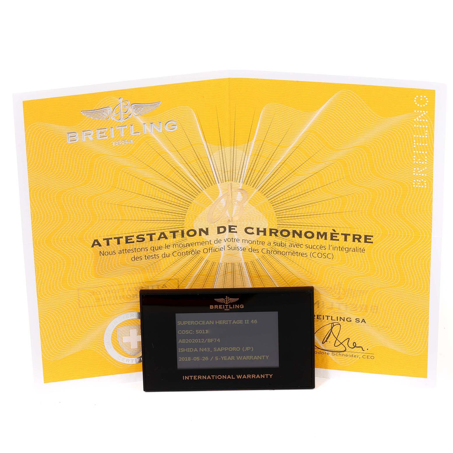 The image shows the certification and international warranty card for a Breitling Superocean AB202016-C961-152A Men's Stainless Steel Black Dial AB202016-C961-152A Men's Stainless Steel Black Dial watch model.