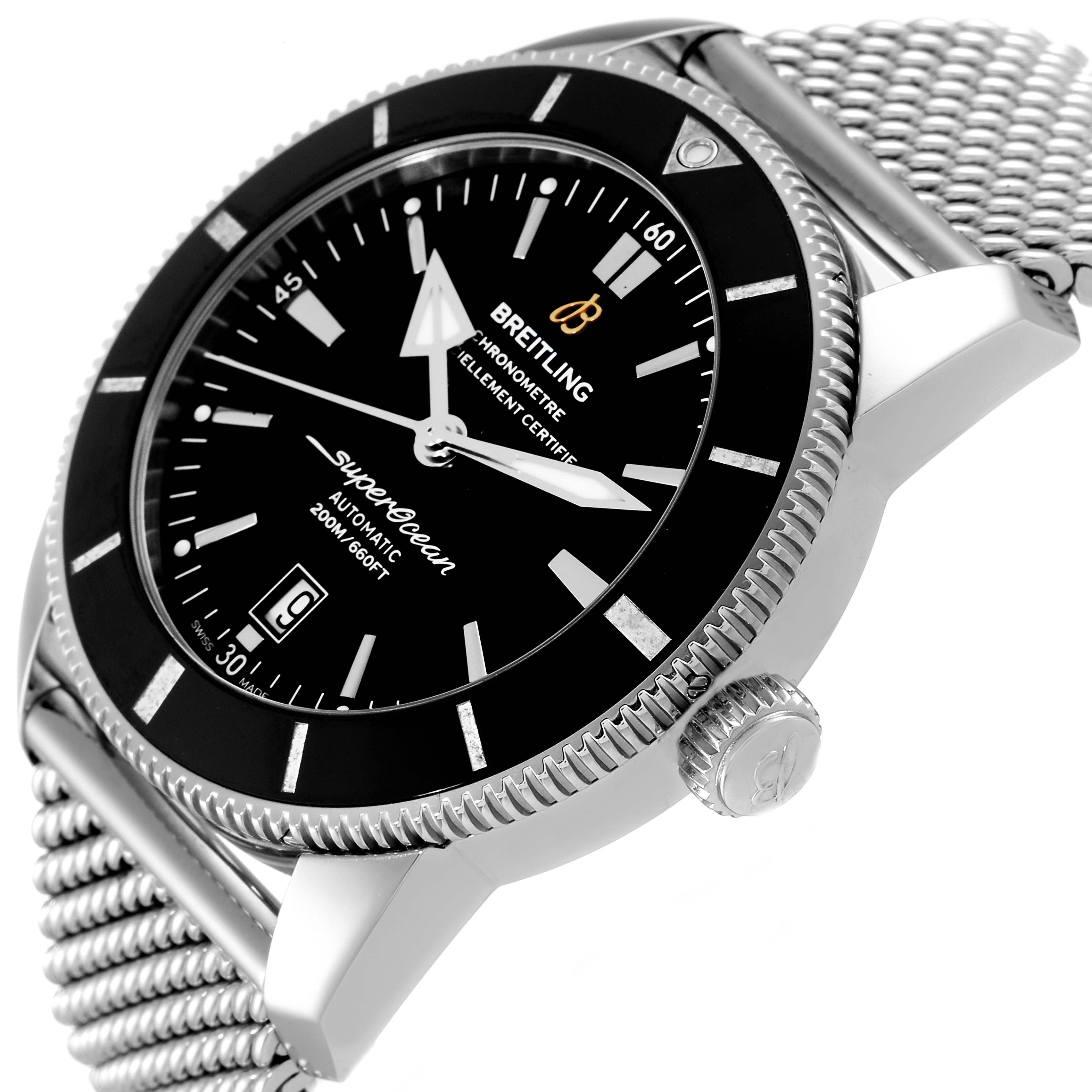 The image shows the Breitling Superocean AB202016-C961-152A Men's Stainless Steel Black Dial AB202016-C961-152A Men's Stainless Steel Black Dial model watch from a side angle, highlighting its face, bezel, crown, and mesh strap.