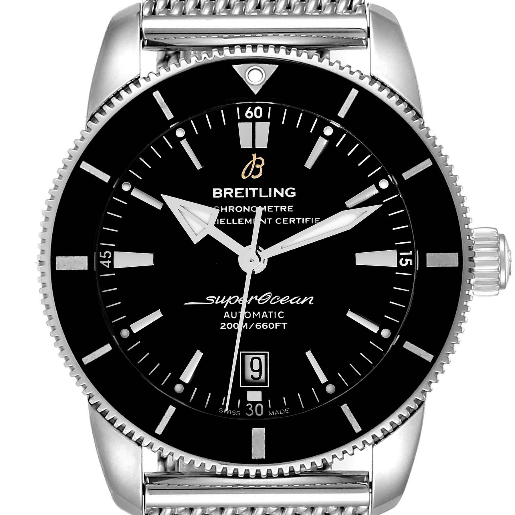 This image shows a Breitling Superocean AB202016-C961-152A Men's Stainless Steel Black Dial AB202016-C961-152A Men's Stainless Steel Black Dial watch face from a head-on angle, highlighting the dial, bezel, hands, and a portion of the bracelet.