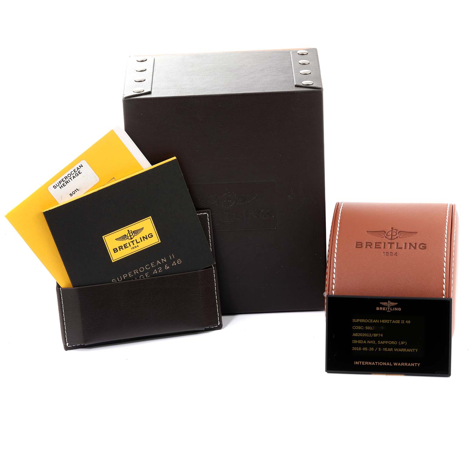 The image shows Breitling Superocean AB202016-C961-152A Men's Stainless Steel Black Dial AB202016-C961-152A Men's Stainless Steel Black Dial watch accessories, including boxes, a leather pouch, manuals, and a warranty card.