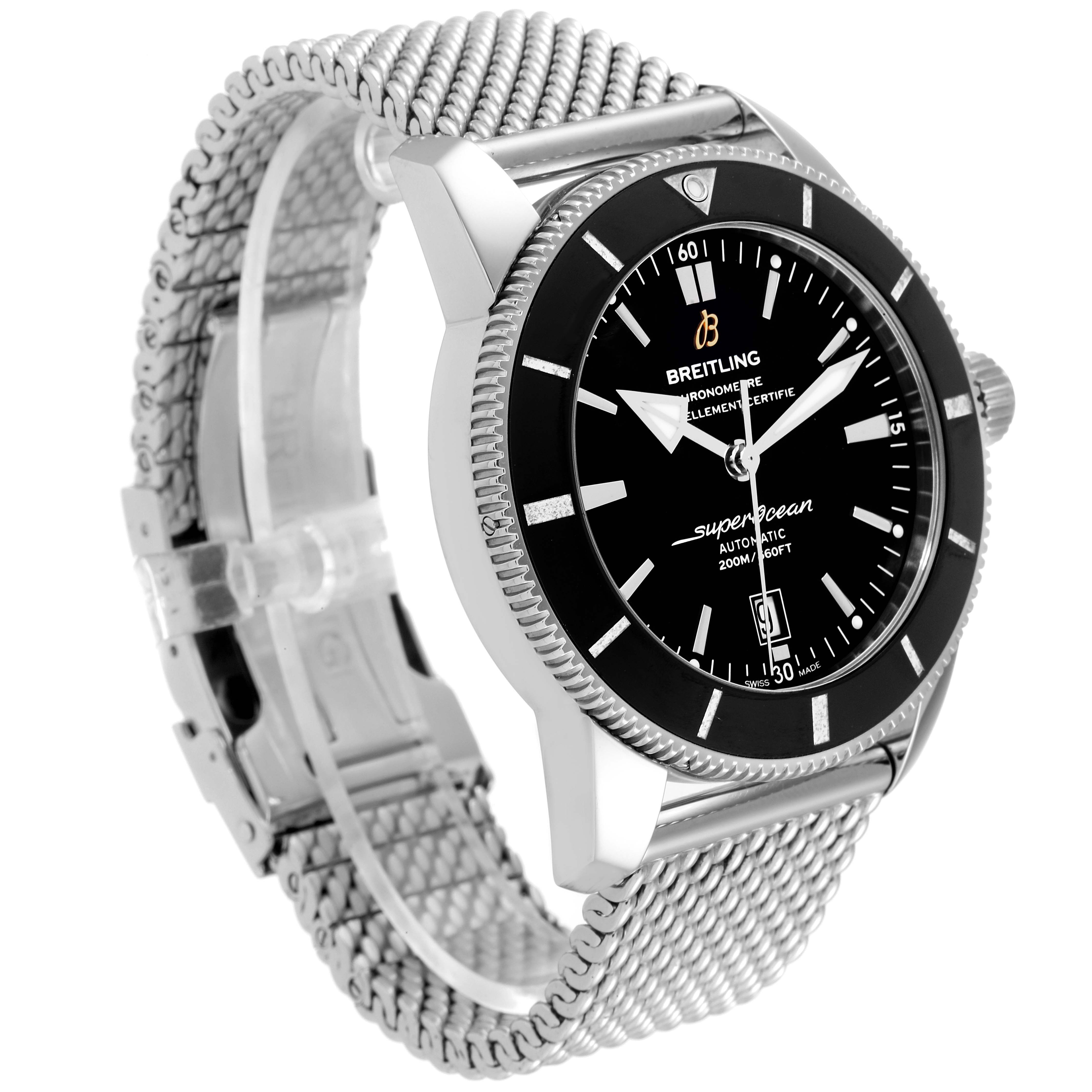 The image shows a side angle of the Breitling Superocean AB202016-C961-152A Men's Stainless Steel Black Dial AB202016-C961-152A Men's Stainless Steel Black Dial watch, highlighting its black dial, bezel, and mesh bracelet.