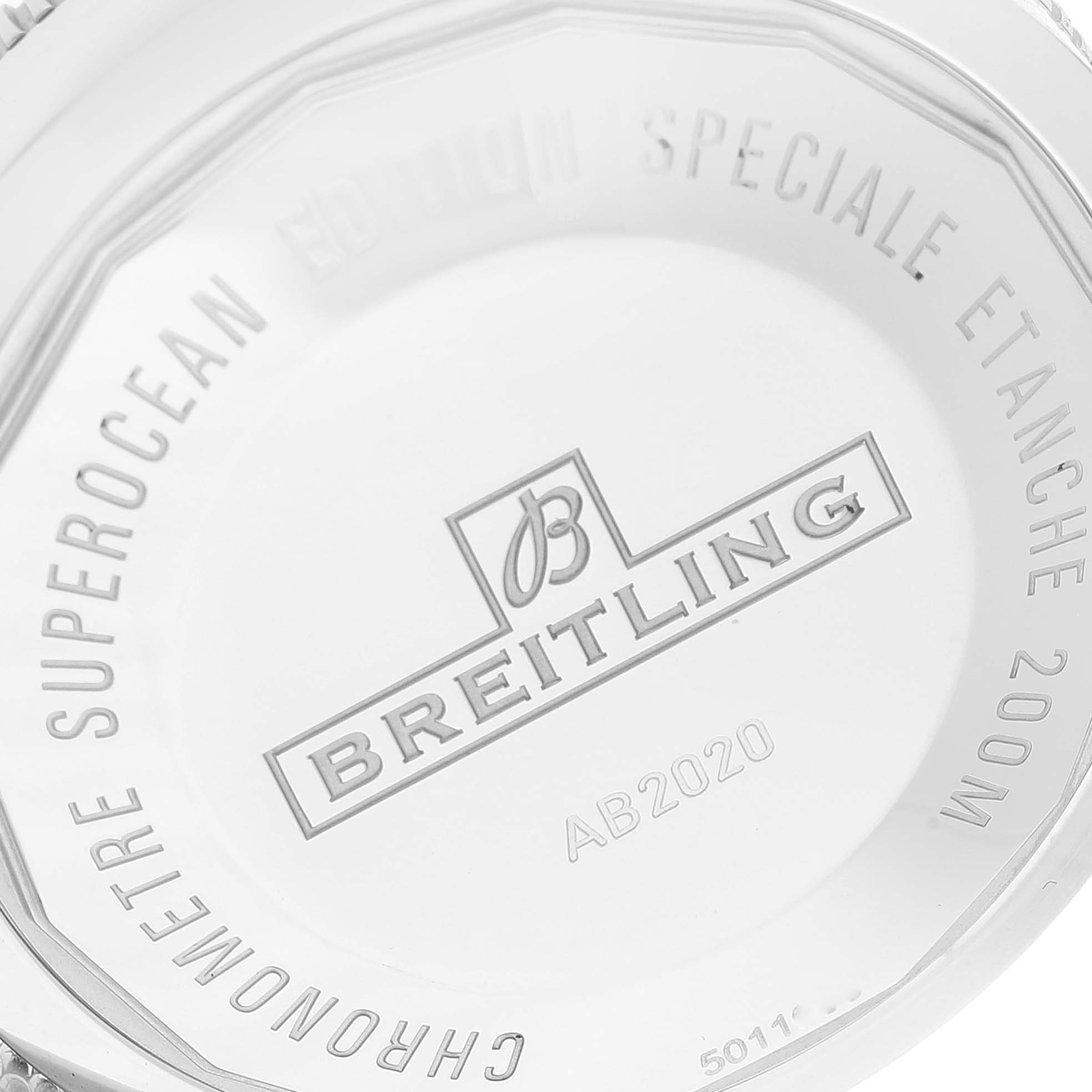The image shows the case back of a Breitling Superocean AB202016-C961-152A Men's Stainless Steel Black Dial AB202016-C961-152A Men's Stainless Steel Black Dial watch, displaying brand details and water resistance information.
