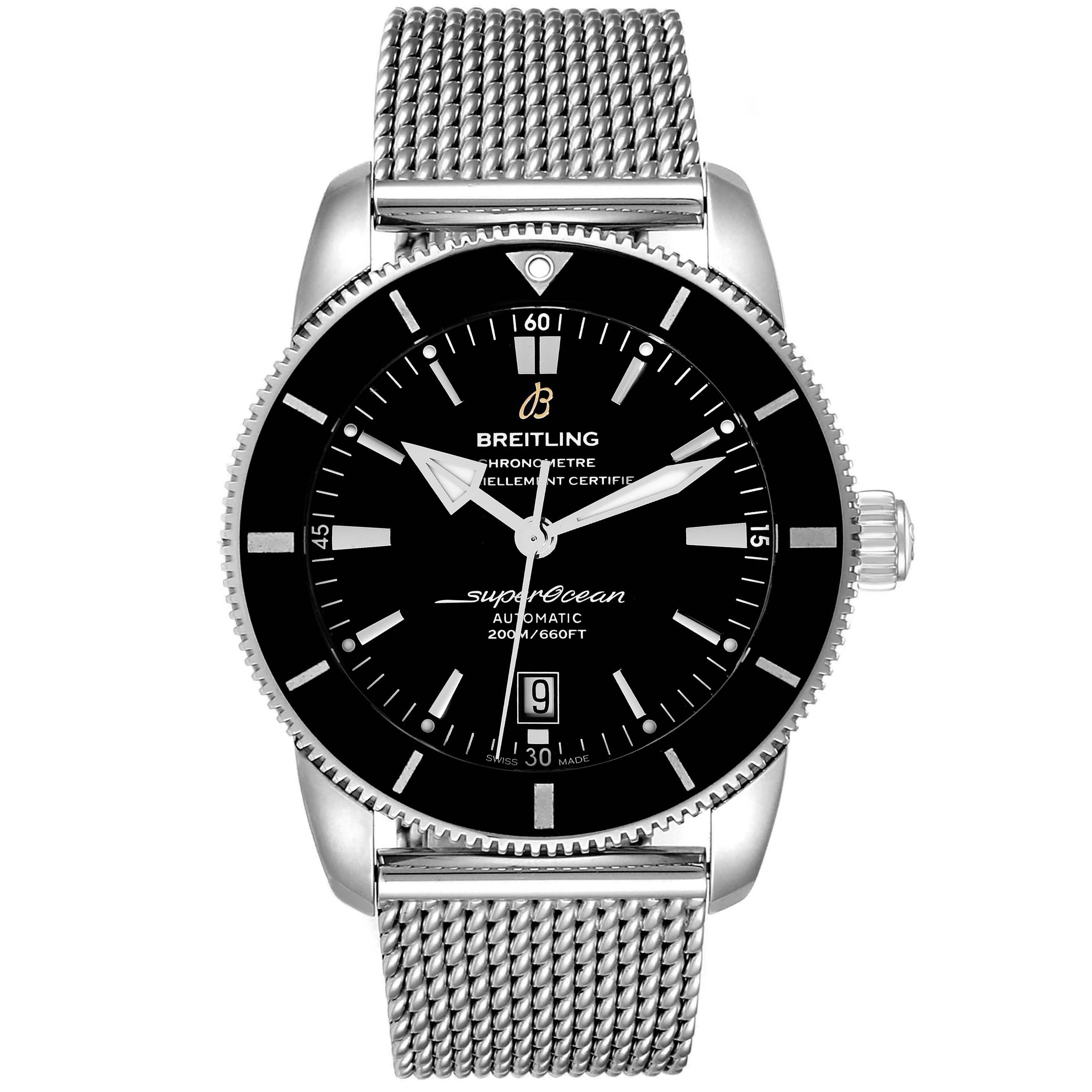 The image shows a front view of the Breitling Superocean AB202016-C961-152A Men's Stainless Steel Black Dial AB202016-C961-152A Men's Stainless Steel Black Dial watch, featuring its face, bezel, crown, and mesh bracelet.