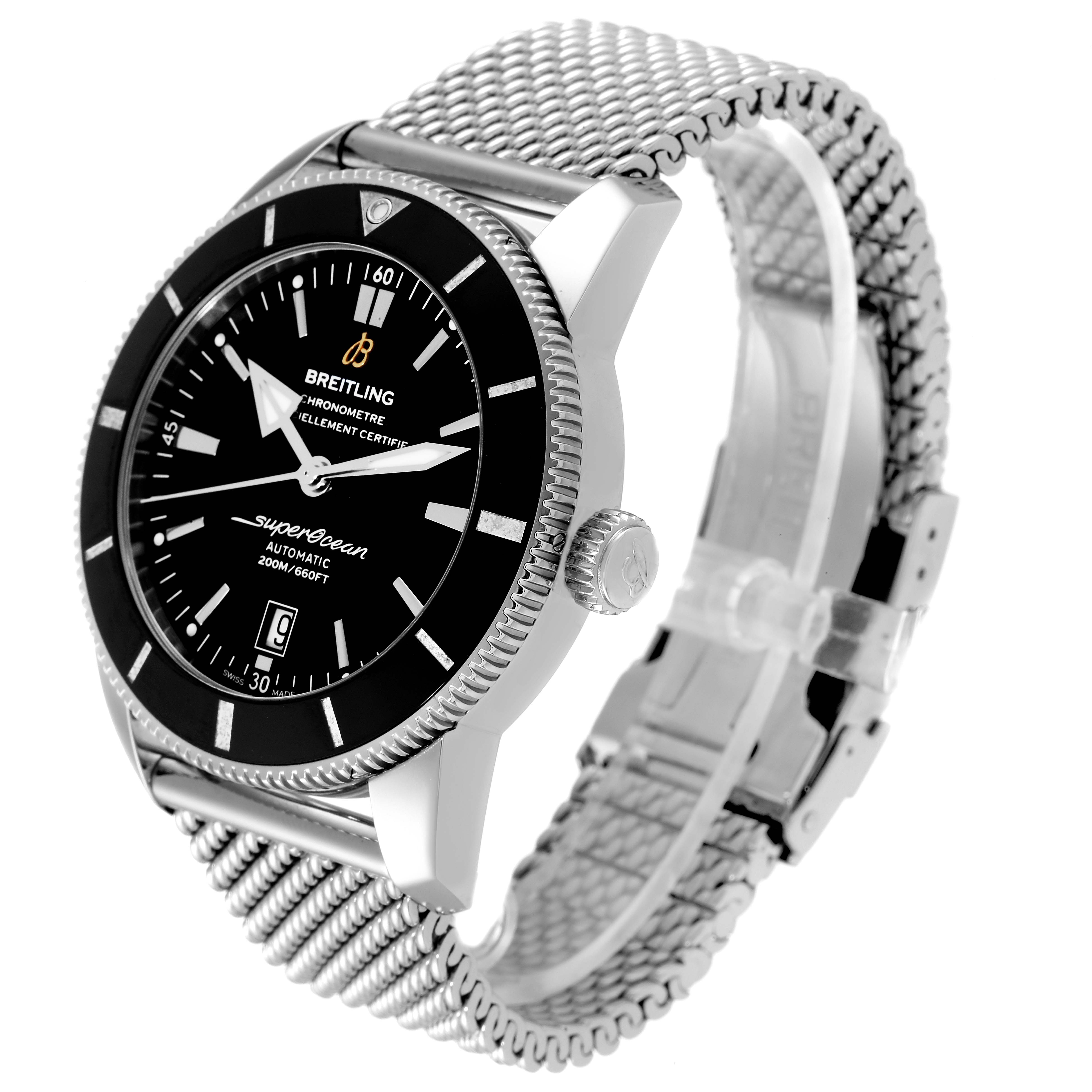 The image shows a Breitling Superocean AB202016-C961-152A Men's Stainless Steel Black Dial AB202016-C961-152A Men's Stainless Steel Black Dial watch at a three-quarter angle, highlighting its dial, bezel, crown, and mesh bracelet.