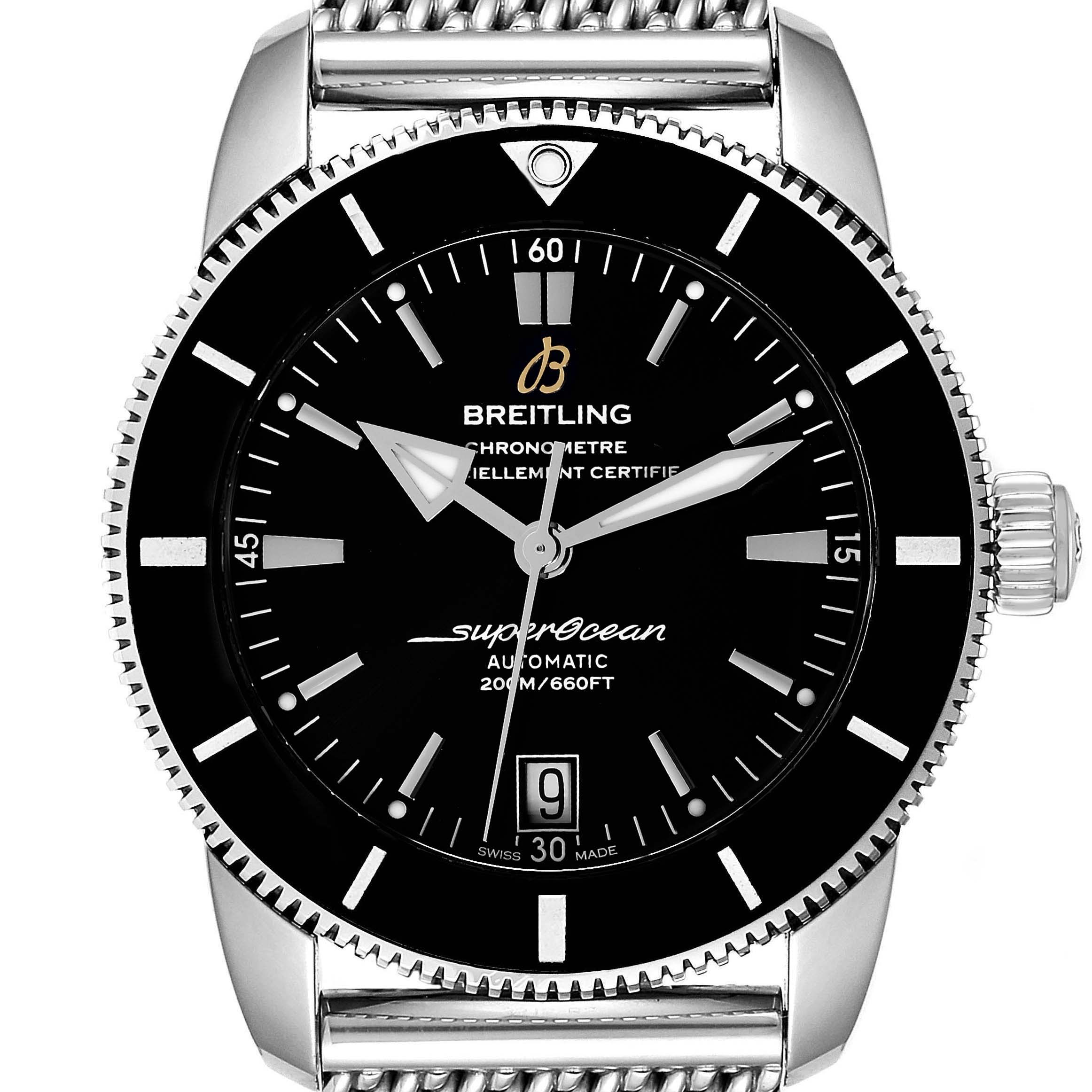 The image shows a front view of the Breitling Superocean AB2010161C1A1 Men's Stainless Steel Black Dial AB2010161C1A1 Men's Stainless Steel Black Dial watch, detailing its dial, bezel, and part of its metal bracelet.
