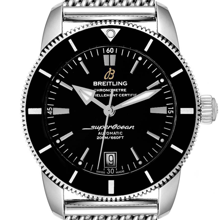 The image shows a front view of the Breitling Superocean AB2010161C1A1 Men's Stainless Steel Black Dial AB2010161C1A1 Men's Stainless Steel Black Dial watch, detailing its dial, bezel, and part of its metal bracelet.