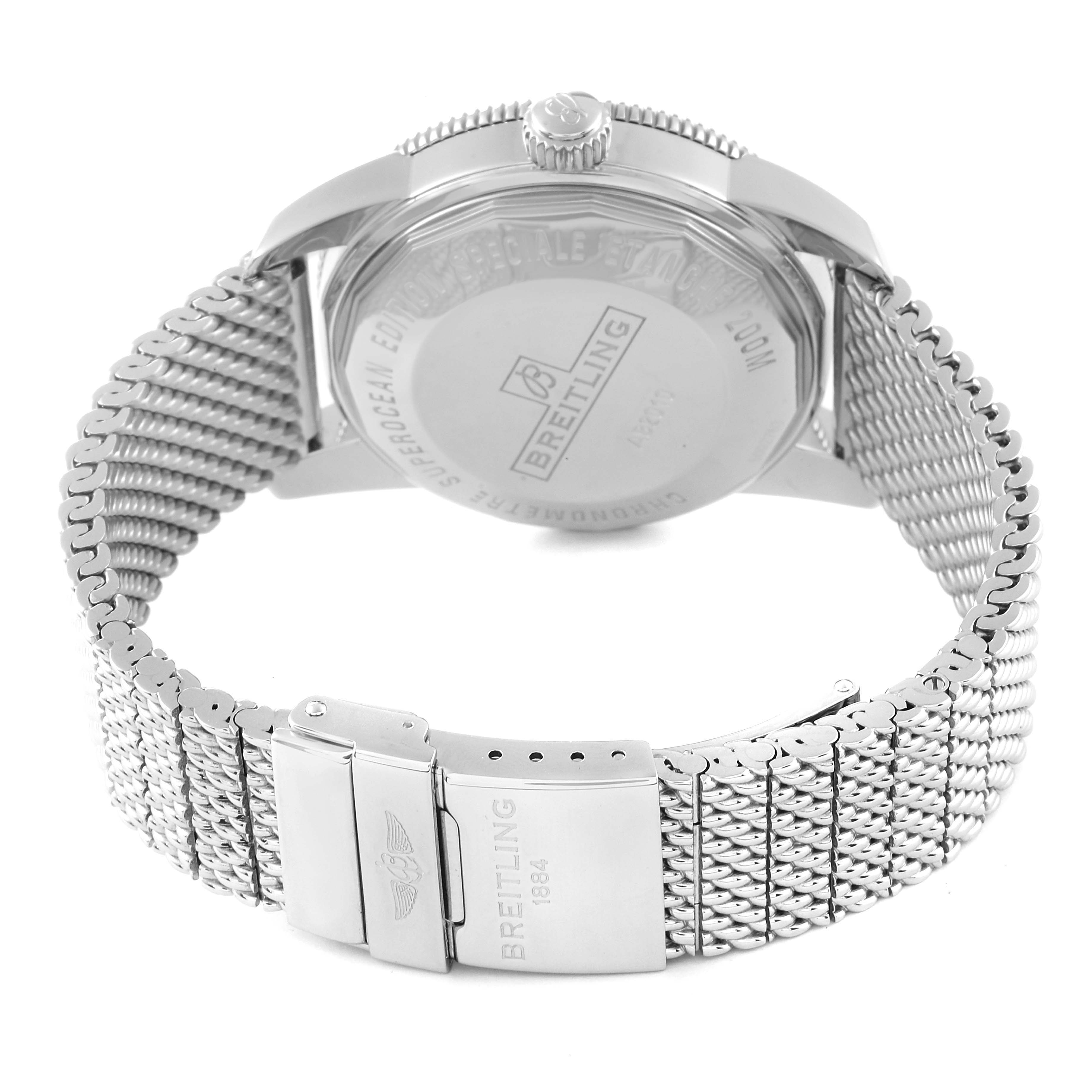 This image shows the back view and clasp of a Breitling Superocean AB2010161C1A1 Men's Stainless Steel Black Dial AB2010161C1A1 Men's Stainless Steel Black Dial watch, highlighting its metal mesh band and engraved case back.