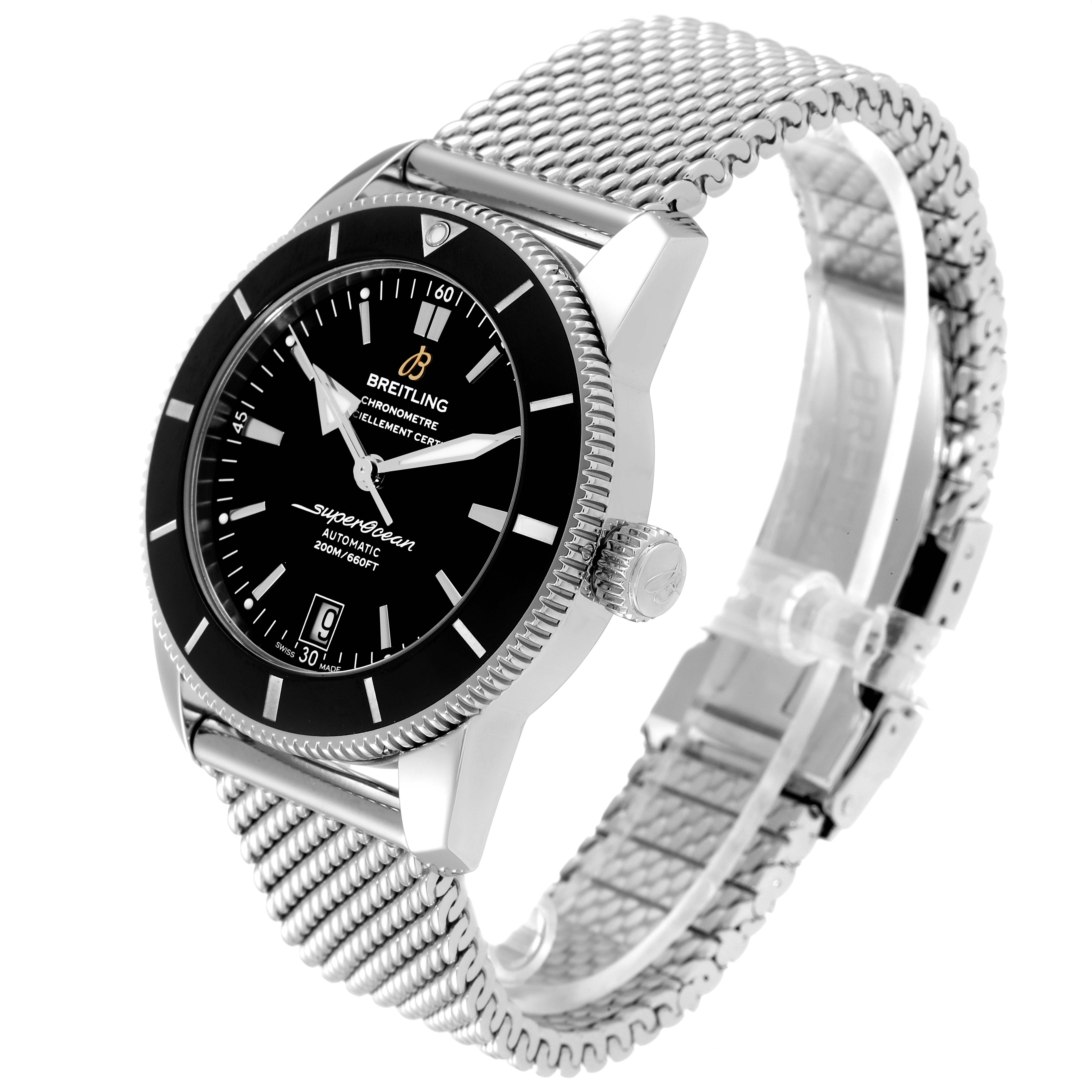This image shows a Breitling Superocean AB2010161C1A1 Men's Stainless Steel Black Dial AB2010161C1A1 Men's Stainless Steel Black Dial watch at a three-quarter view, highlighting the face, bezel, crown, and mesh bracelet.
