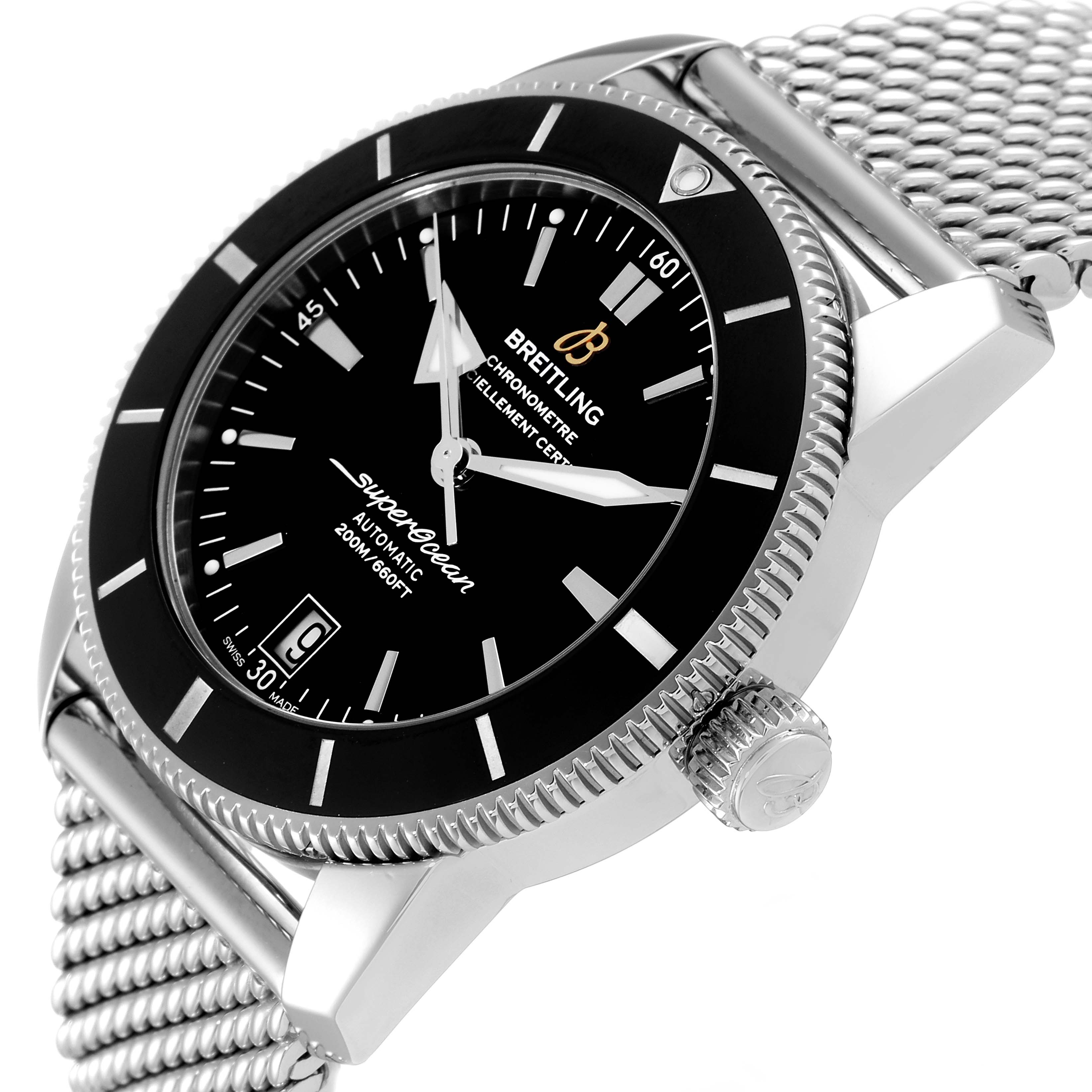 The image shows an angled side view of a Breitling Superocean AB2010161C1A1 Men's Stainless Steel Black Dial AB2010161C1A1 Men's Stainless Steel Black Dial watch, highlighting its face, bezel, crown, and mesh bracelet.
