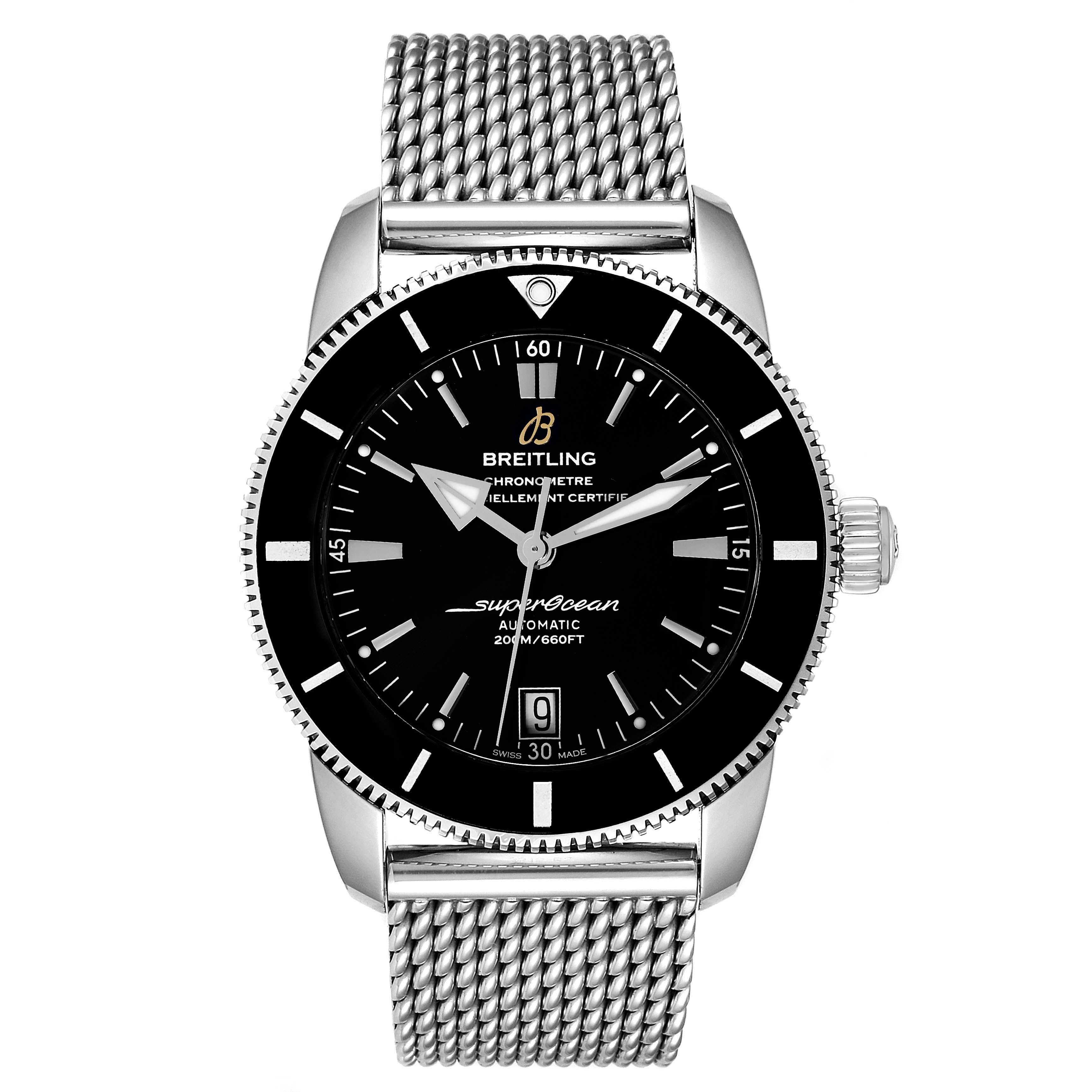 This image shows a front view of the Breitling Superocean AB2010161C1A1 Men's Stainless Steel Black Dial AB2010161C1A1 Men's Stainless Steel Black Dial watch with its face, bezel, and mesh strap visible.