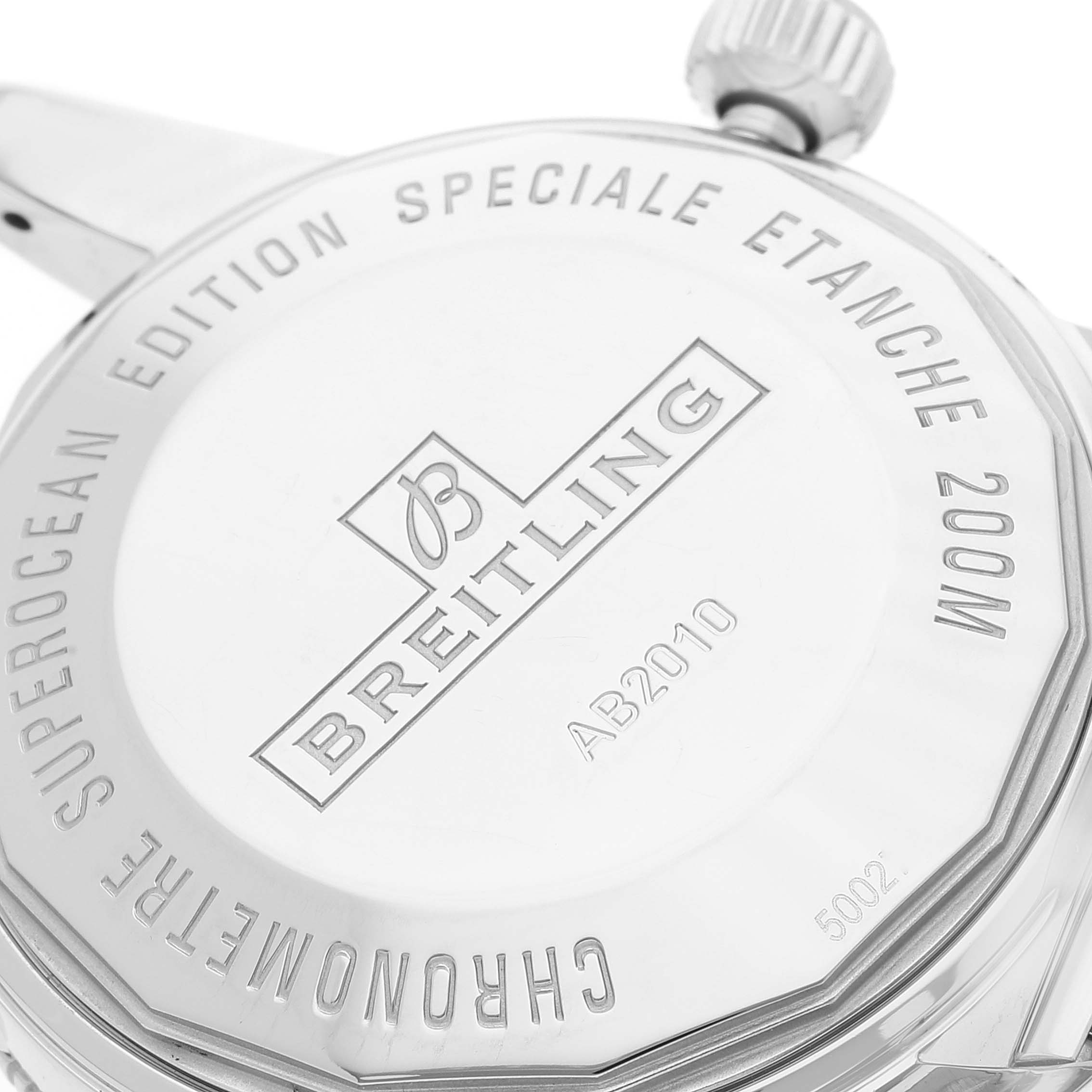 This image shows the back case of a Breitling Superocean AB2010161C1A1 Men's Stainless Steel Black Dial AB2010161C1A1 Men's Stainless Steel Black Dial watch, highlighting the brand logo and model specifications.