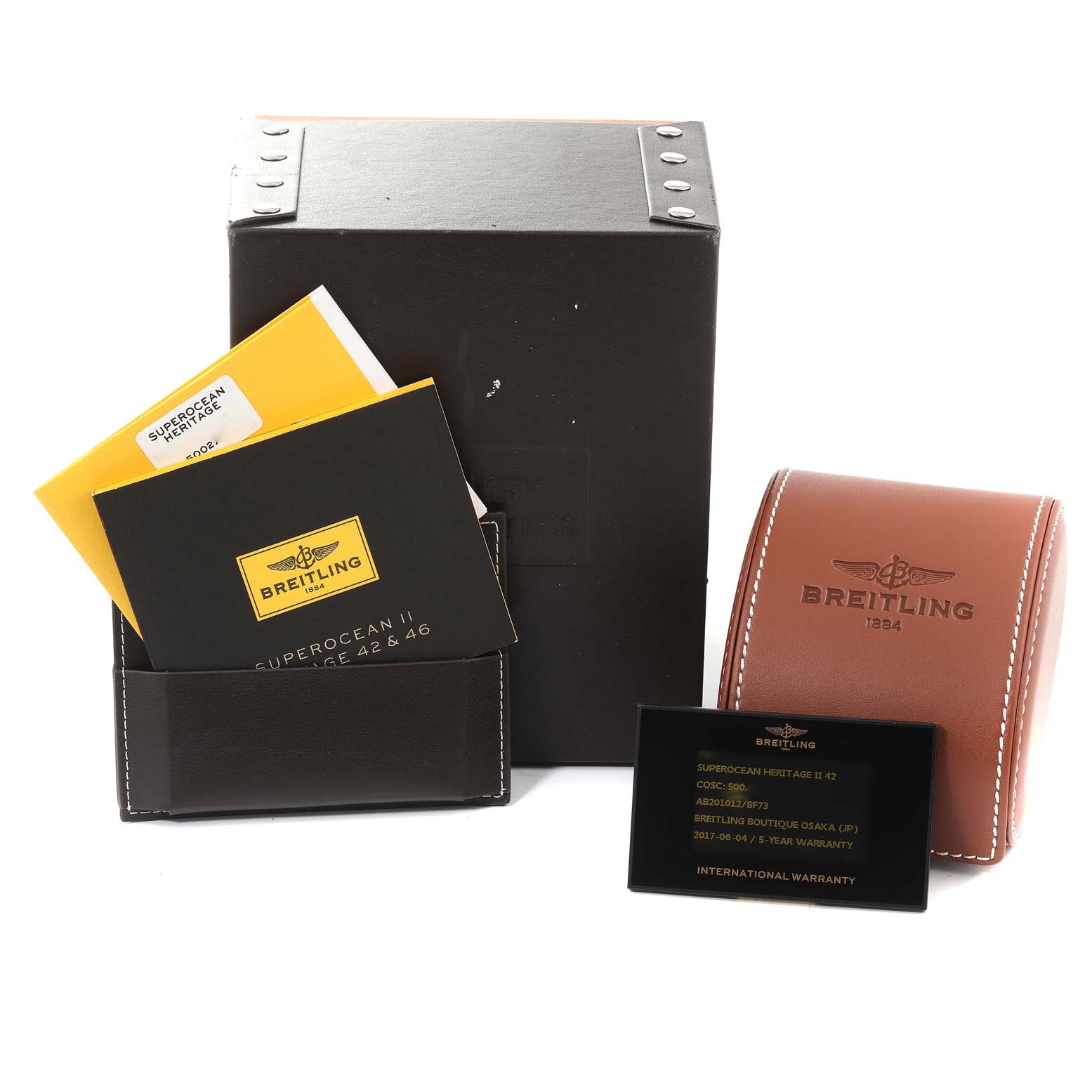 The image displays Breitling Superocean AB2010161C1A1 Men's Stainless Steel Black Dial AB2010161C1A1 Men's Stainless Steel Black Dial watch accessories, including boxes, manuals, and an international warranty card, in a front-facing angle.