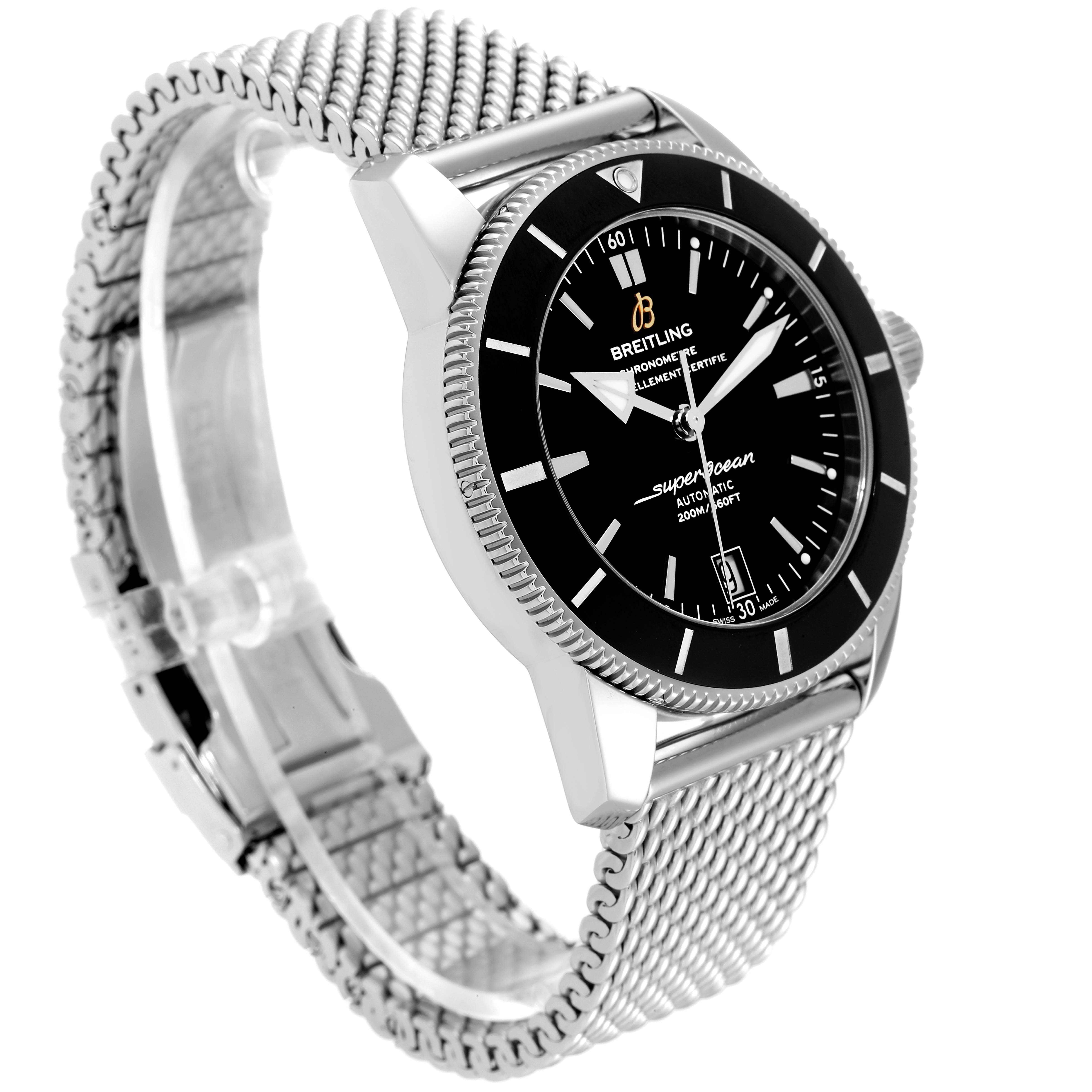 The image shows a side and front angle of the Breitling Superocean AB2010161C1A1 Men's Stainless Steel Black Dial AB2010161C1A1 Men's Stainless Steel Black Dial watch, highlighting its face, bezel, and stainless steel mesh band.