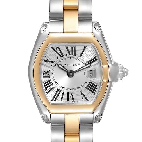 This is a close-up of the Cartier Roadster W62026Y4 Women's Steel and Gold (two tone) Silver Dial W62026Y4 Women's Steel and Gold (two tone) Silver Dial watch, showing the face, bezel, crown, and part of the bracelet.
