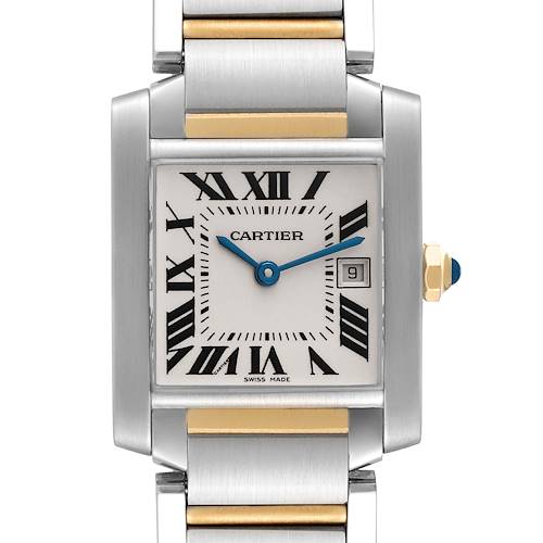 The image displays a front view of a Cartier Tank Francaise W51012Q4 Women's Stainless Steel Silver Dial W51012Q4 Women's Stainless Steel Silver Dial watch, highlighting its Roman numeral dial, date window, and two-tone bracelet.