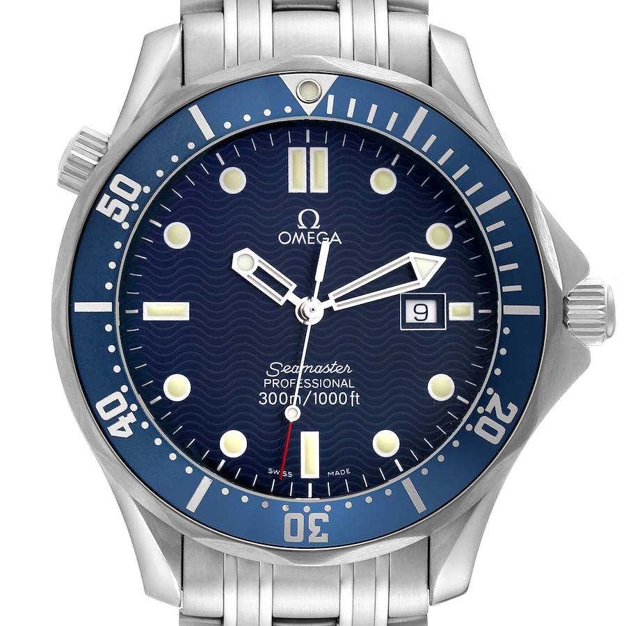 The image shows a front view of the Omega Seamaster 2541.80.00 Men's Stainless Steel Blue Dial 2541.80.00 Men's Stainless Steel Blue Dial watch, highlighting the dial, bezel, and part of the bracelet.