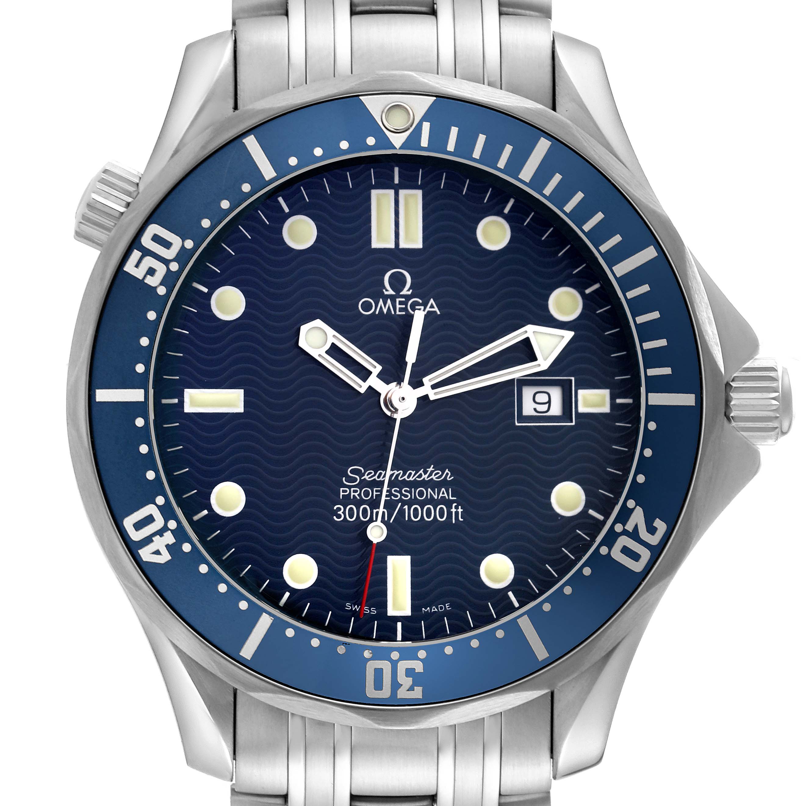 The image shows a front view of the Omega Seamaster 2541.80.00 Men's Stainless Steel Blue Dial 2541.80.00 Men's Stainless Steel Blue Dial watch, highlighting the dial, bezel, and part of the bracelet.