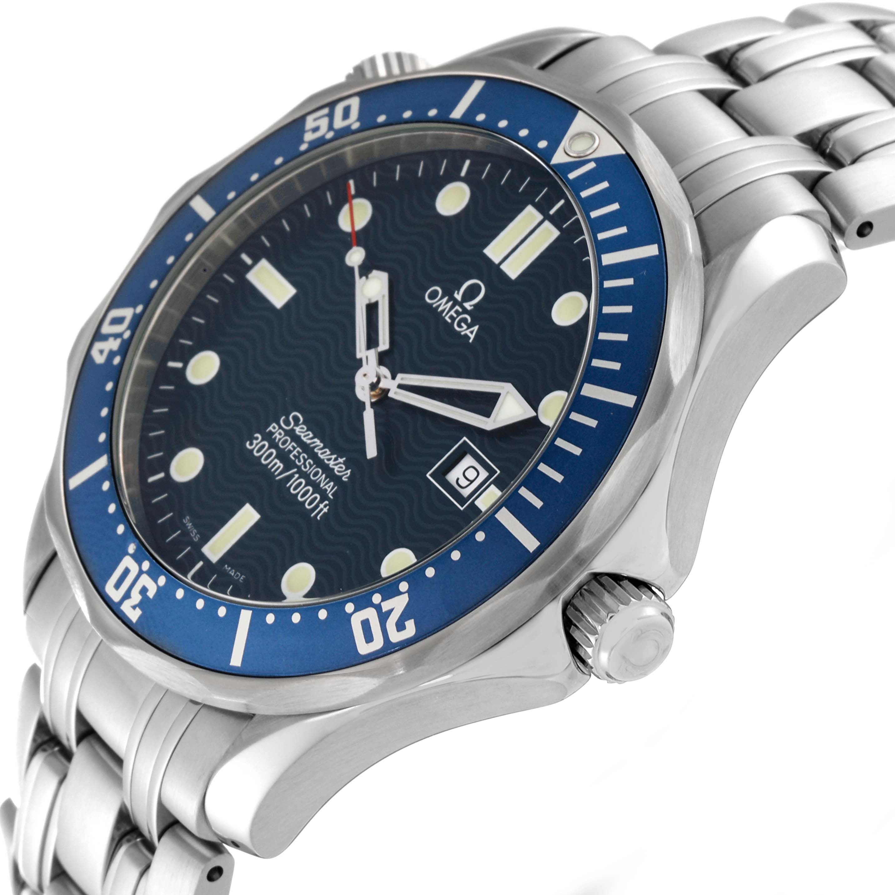 The image shows a close-up side angle of the Omega Seamaster 2541.80.00 Men's Stainless Steel Blue Dial 2541.80.00 Men's Stainless Steel Blue Dial watch, highlighting the dial, bezel, crown, and part of the bracelet.