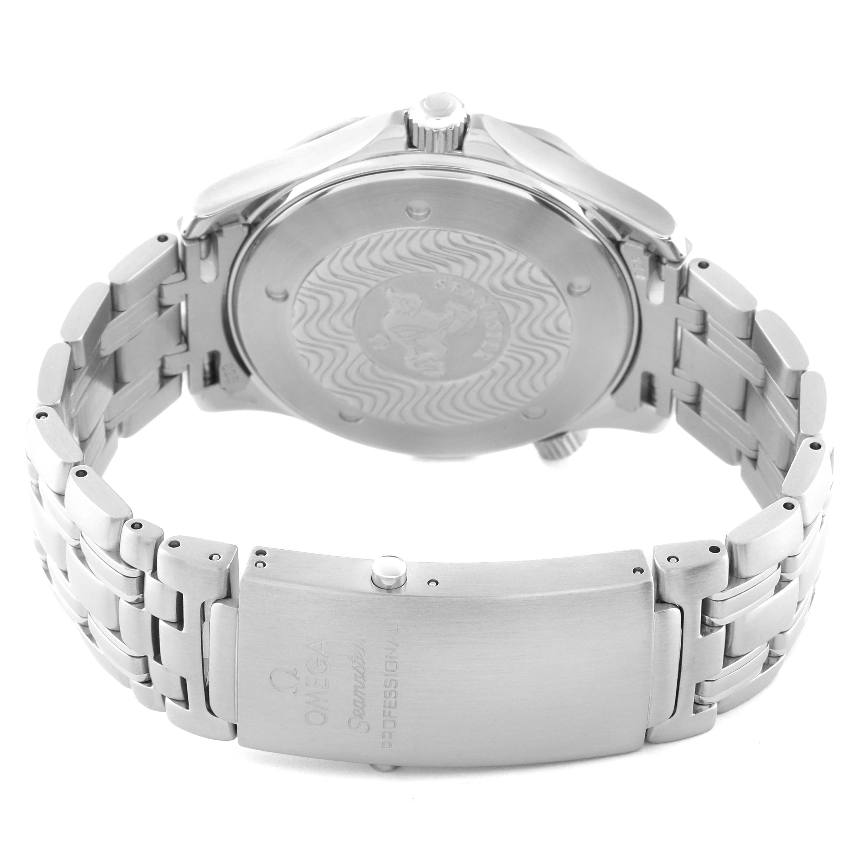 The image shows the back view of an Omega Seamaster 2541.80.00 Men's Stainless Steel Blue Dial 2541.80.00 Men's Stainless Steel Blue Dial watch, highlighting the case back and metal bracelet with the clasp.