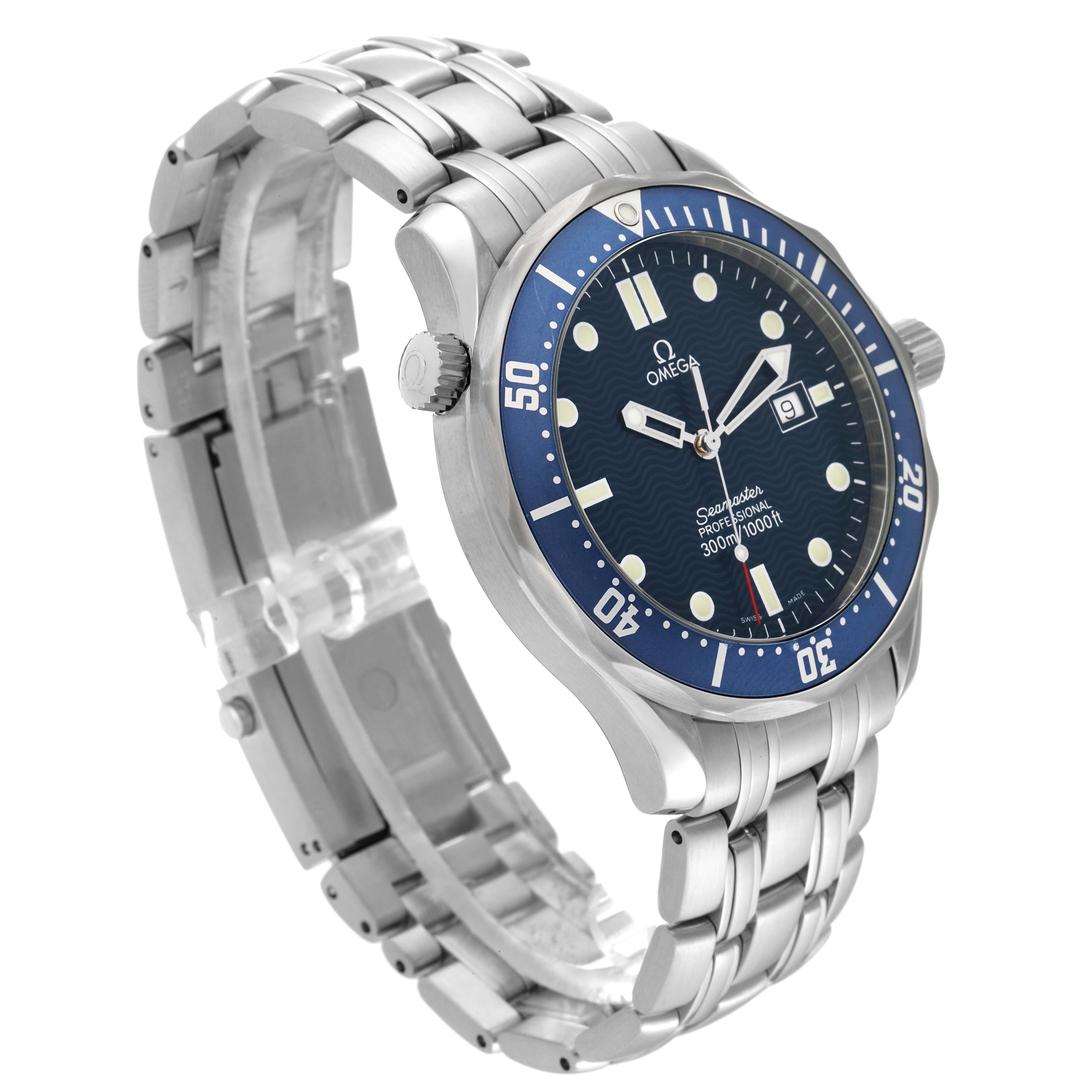 The Omega Seamaster 2541.80.00 Men's Stainless Steel Blue Dial 2541.80.00 Men's Stainless Steel Blue Dial watch is shown at a slight angle, highlighting its blue dial, bezel, and stainless steel bracelet.