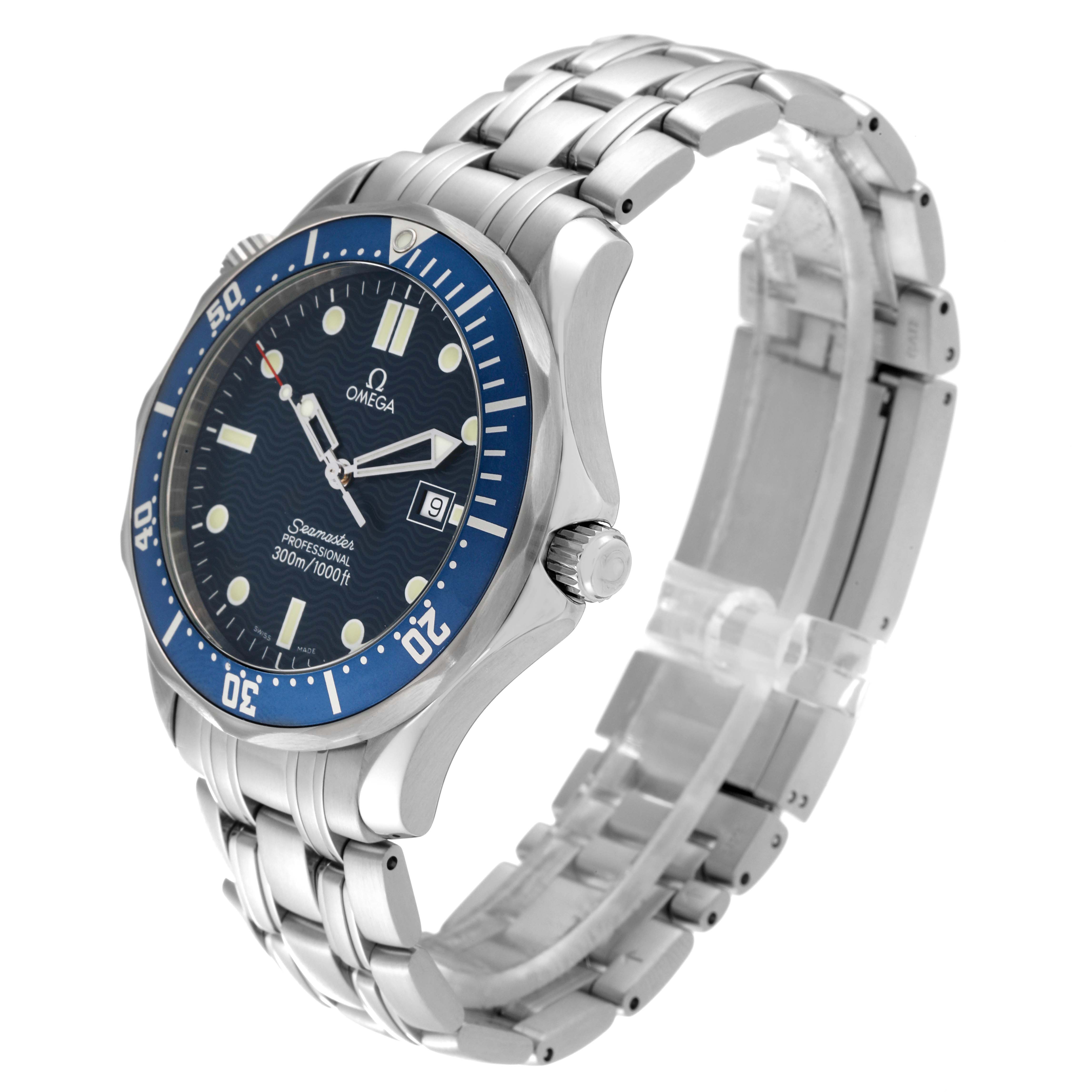 The image shows an Omega Seamaster 2541.80.00 Men's Stainless Steel Blue Dial 2541.80.00 Men's Stainless Steel Blue Dial watch from an angled side view, highlighting its blue dial, bezel, and stainless steel bracelet.