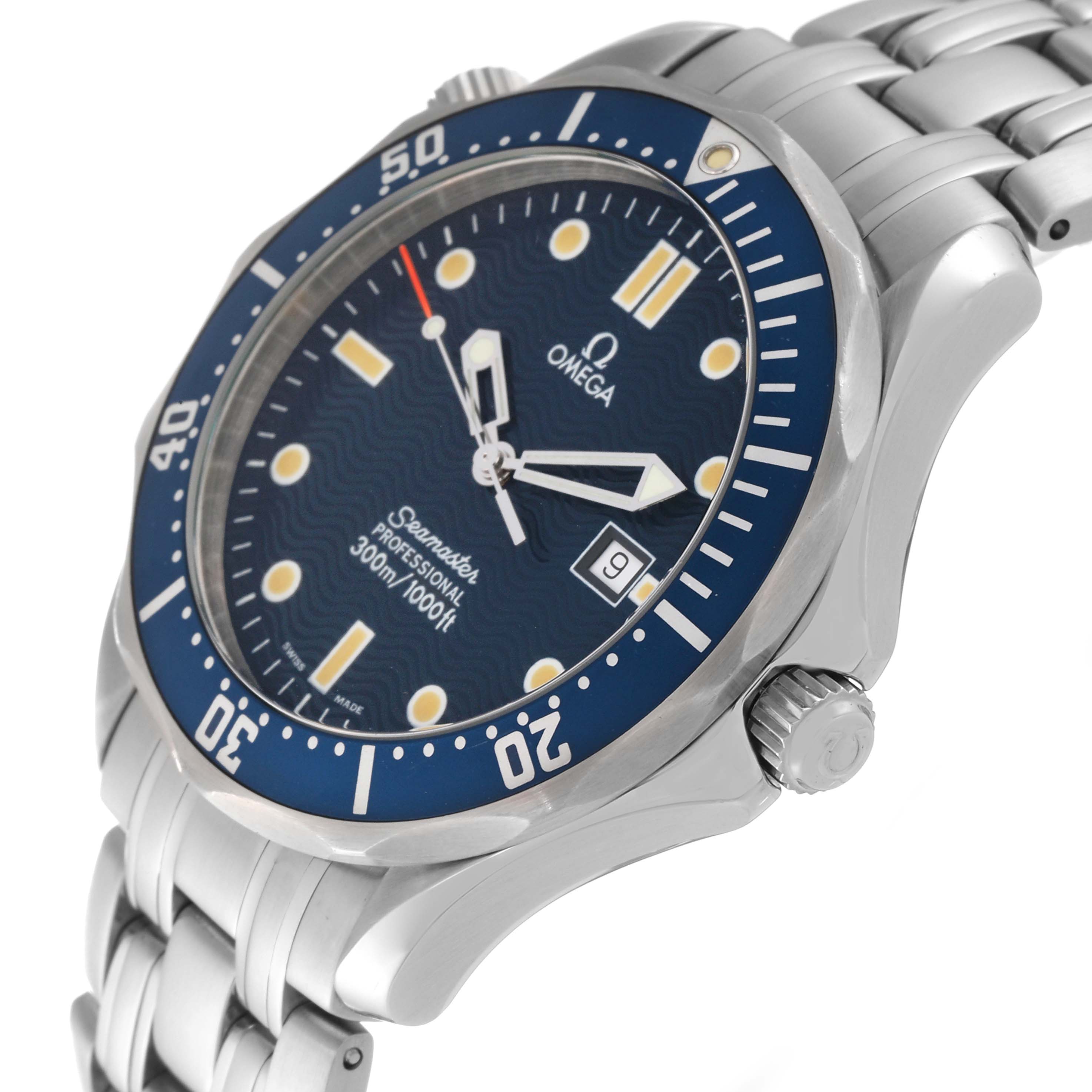 The image shows an angled view of the Omega Seamaster 2541.80.00 Men's Stainless Steel Blue Dial 2541.80.00 Men's Stainless Steel Blue Dial watch, highlighting the face, bezel, crown, and part of the bracelet.
