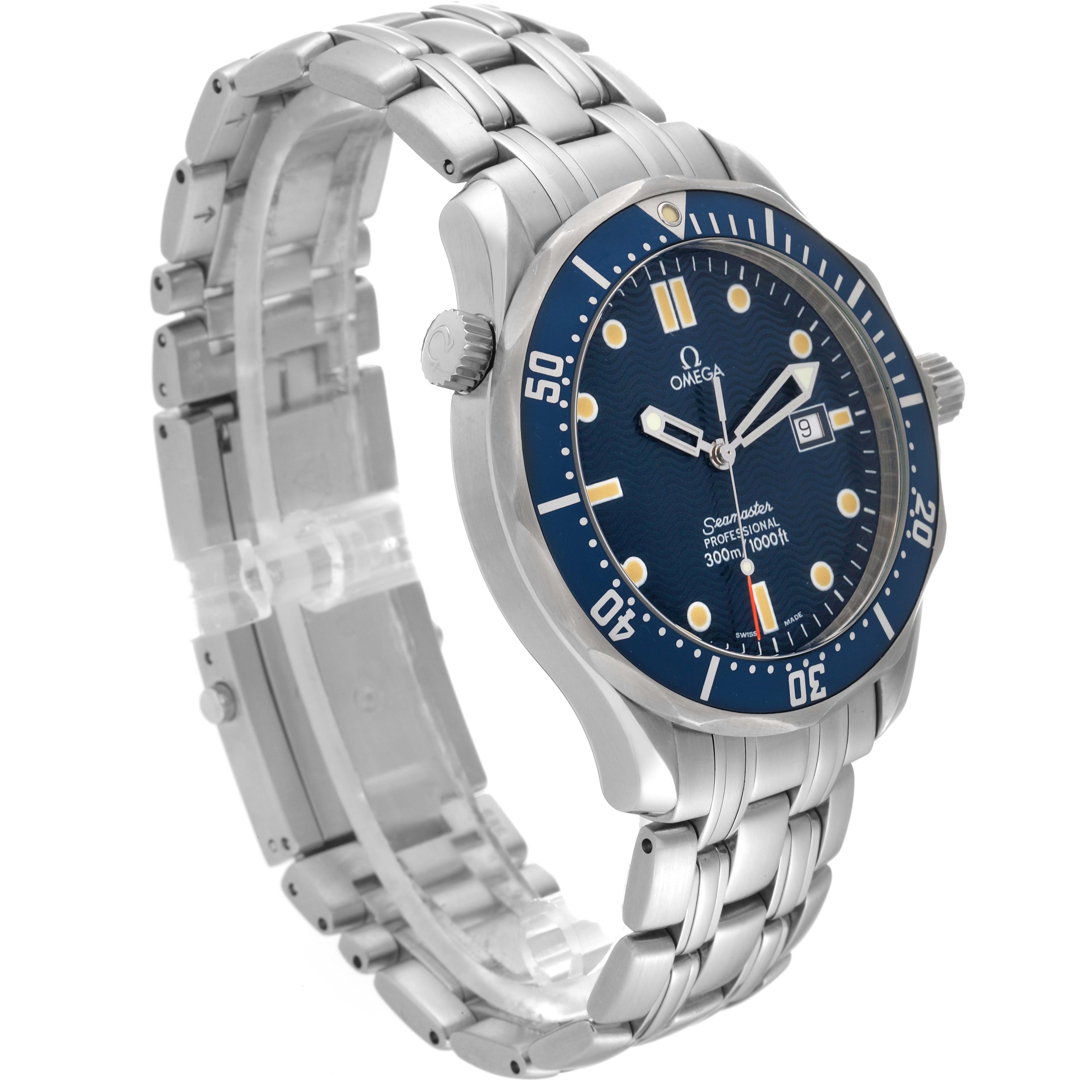 The Omega Seamaster 2541.80.00 Men's Stainless Steel Blue Dial 2541.80.00 Men's Stainless Steel Blue Dial watch is shown at a slight angle, displaying its blue dial, bezel, and metal bracelet.