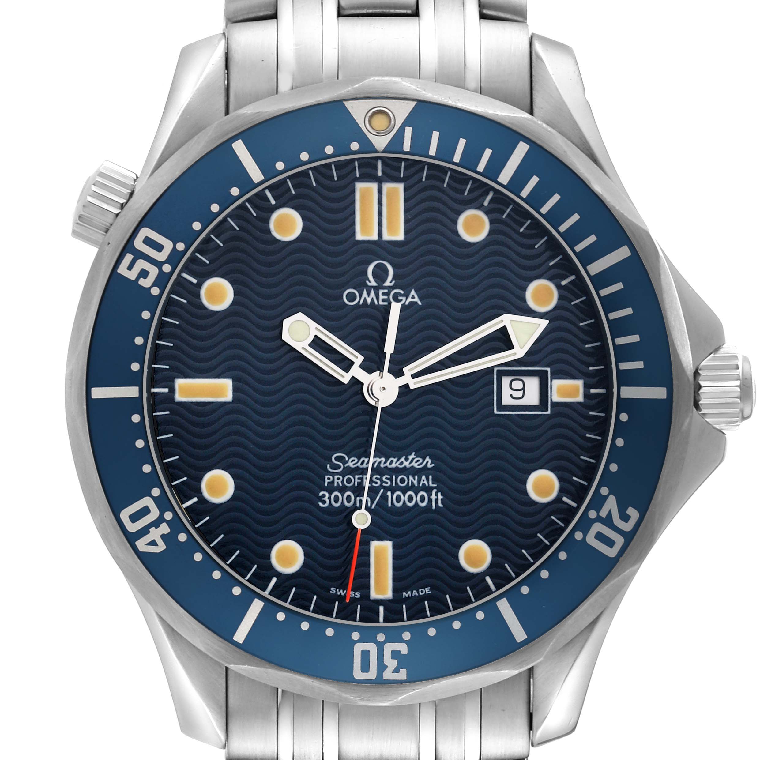 The image shows the front view of the Omega Seamaster 2541.80.00 Men's Stainless Steel Blue Dial 2541.80.00 Men's Stainless Steel Blue Dial watch, highlighting the blue dial, white markers, hands, and date display.